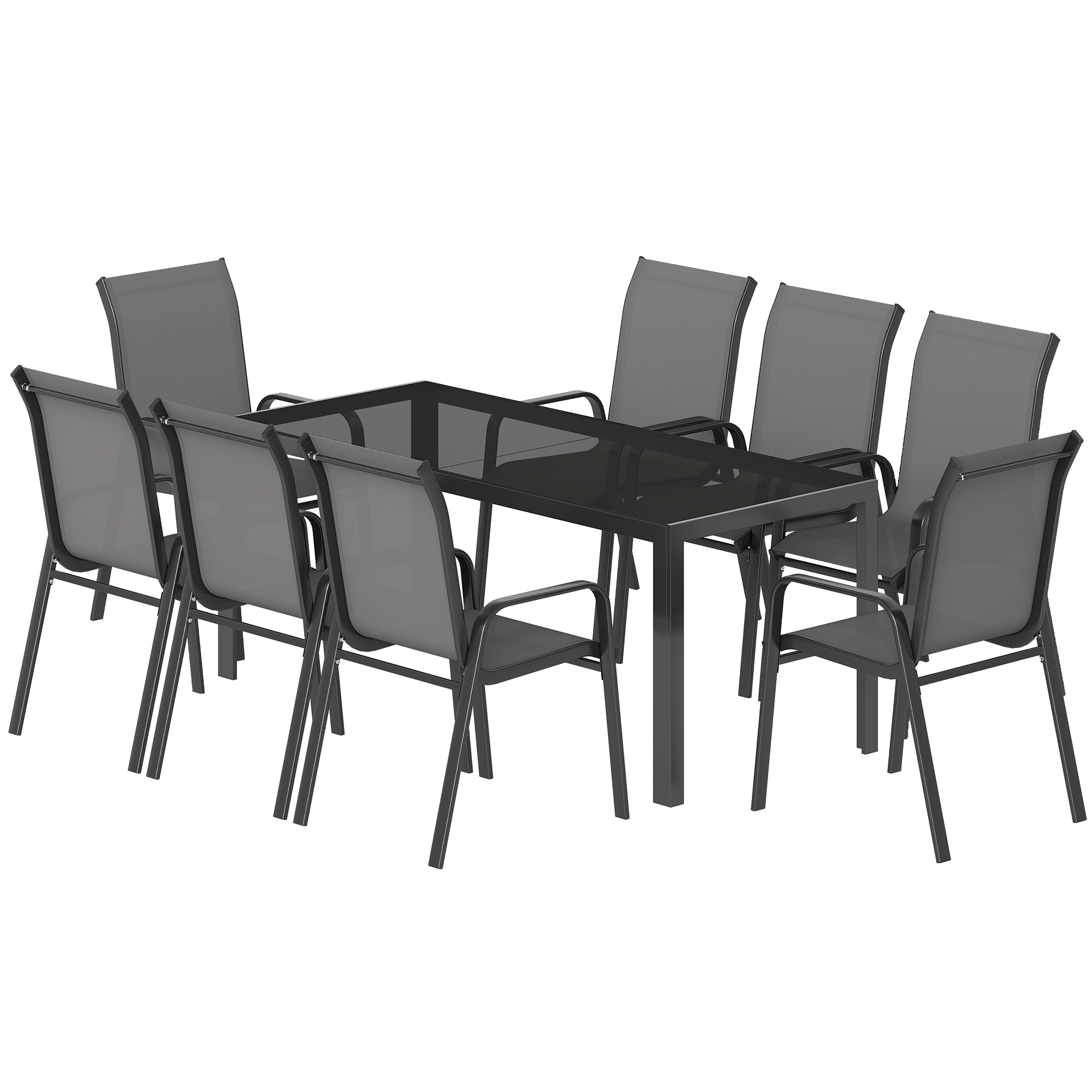 Outdoor Dining Sets for 8 with Stackable Chairs, Patio Dining Set with Glass Top Table for Garden, Patio, Backyard, Dark Grey