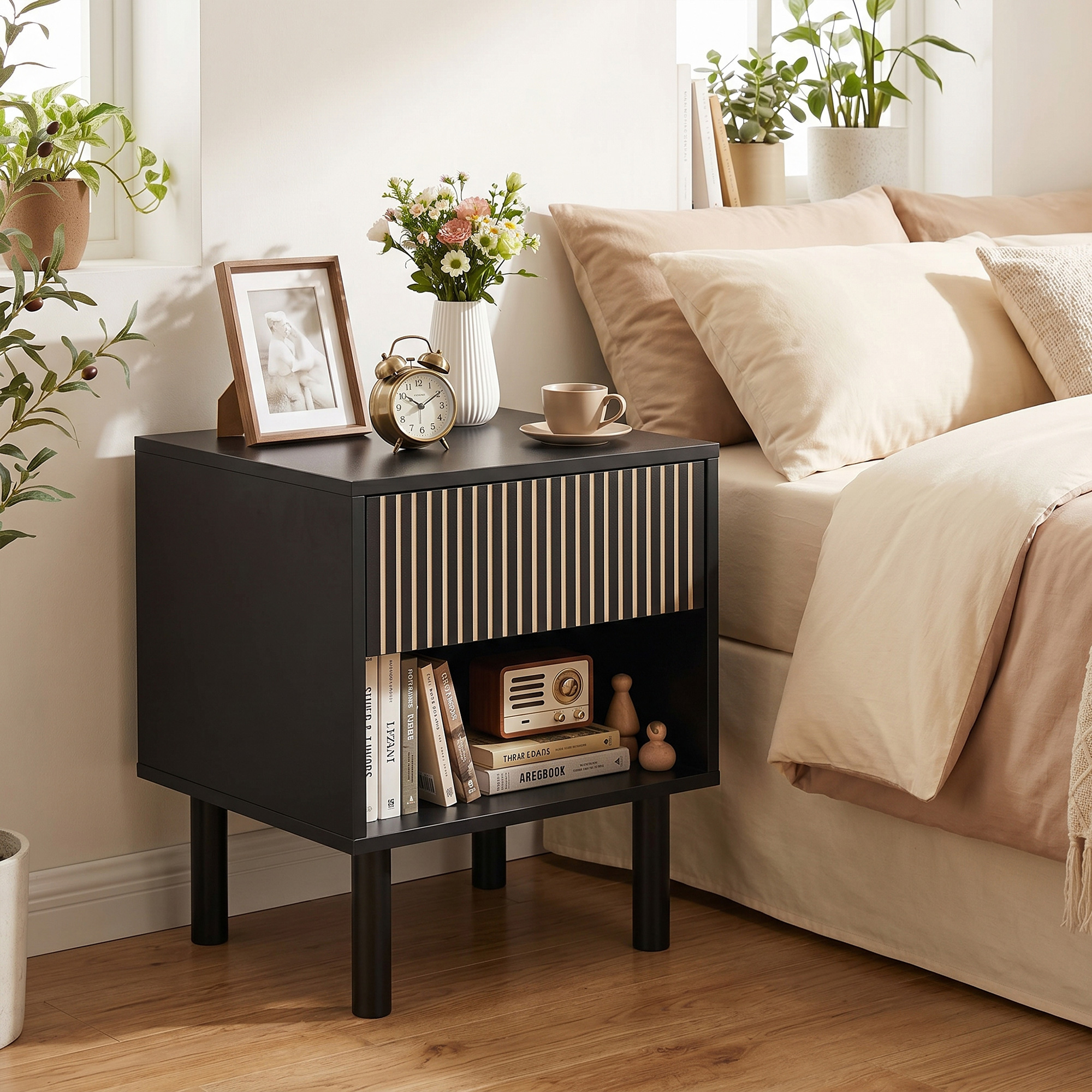 Modern Bedside Table with Drawer and Open Shelf, Sofa Side Table for Bedroom Living Room, Black - Image 6