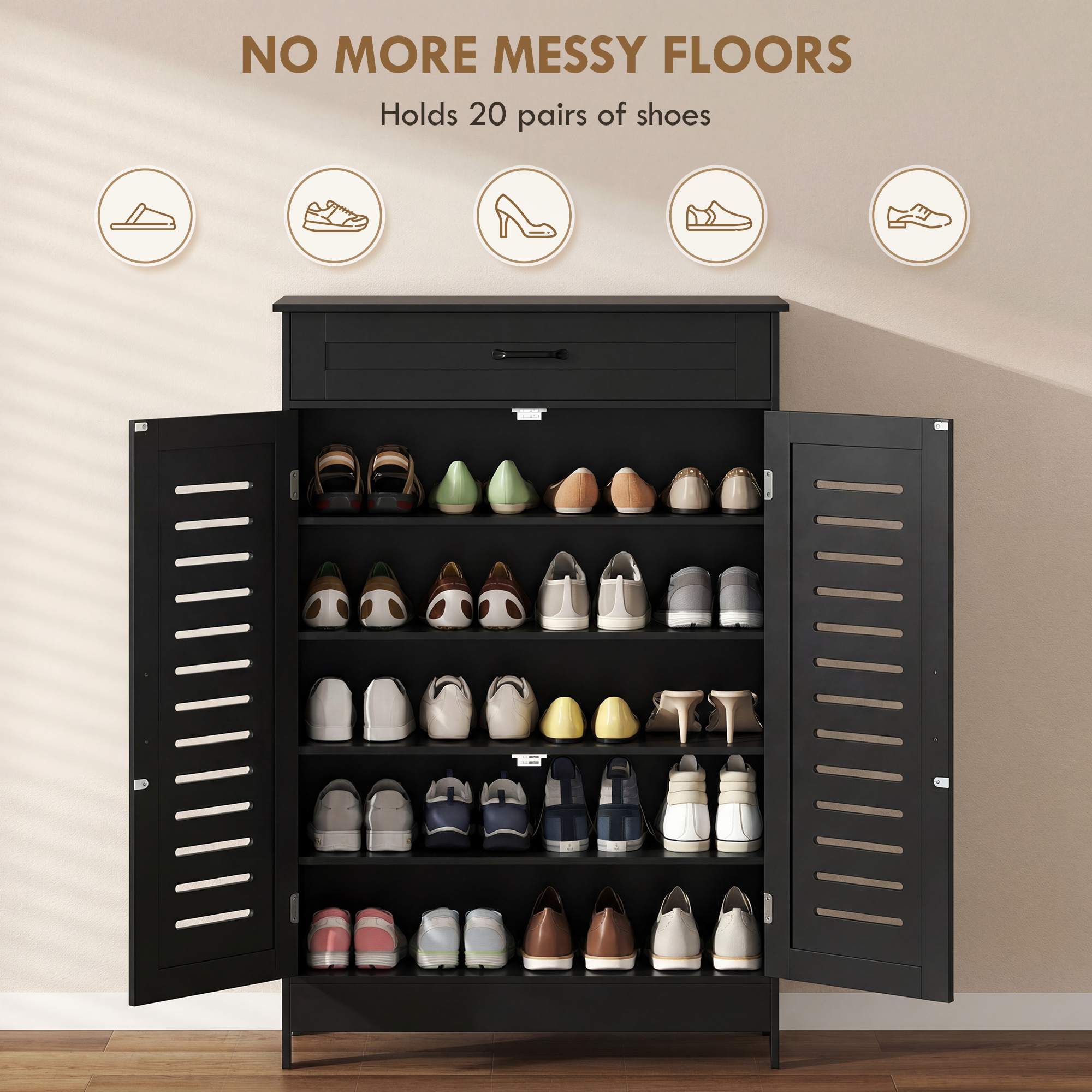 Shoe Cabinet with Louvered Doors, Modern Shoe Storage Cabinet with Drawer and Adjustable Shelves, Black - Image 2