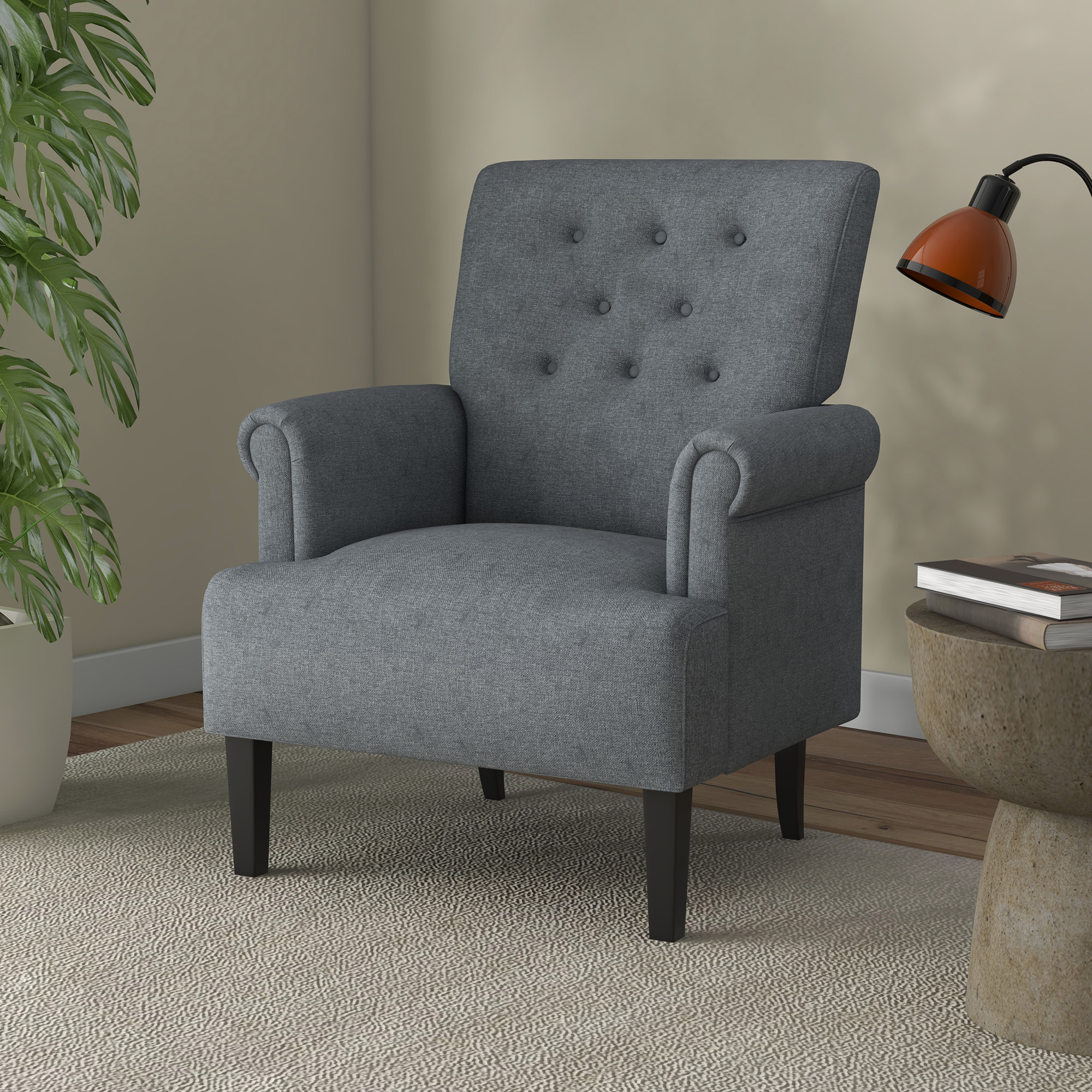 Armchair, Fabric Accent Chair, Modern Living Room Chair with Wood Legs and Rolled Arms for Bedroom, Grey - Image 6