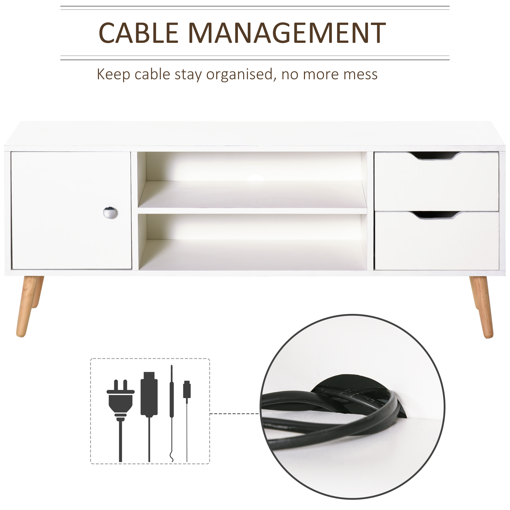 TV Stand for TVs up to 50", TV Cabinet with Shelves, Drawers and Cable Hole, Entertainment Unit for Living Room, White - Image 3