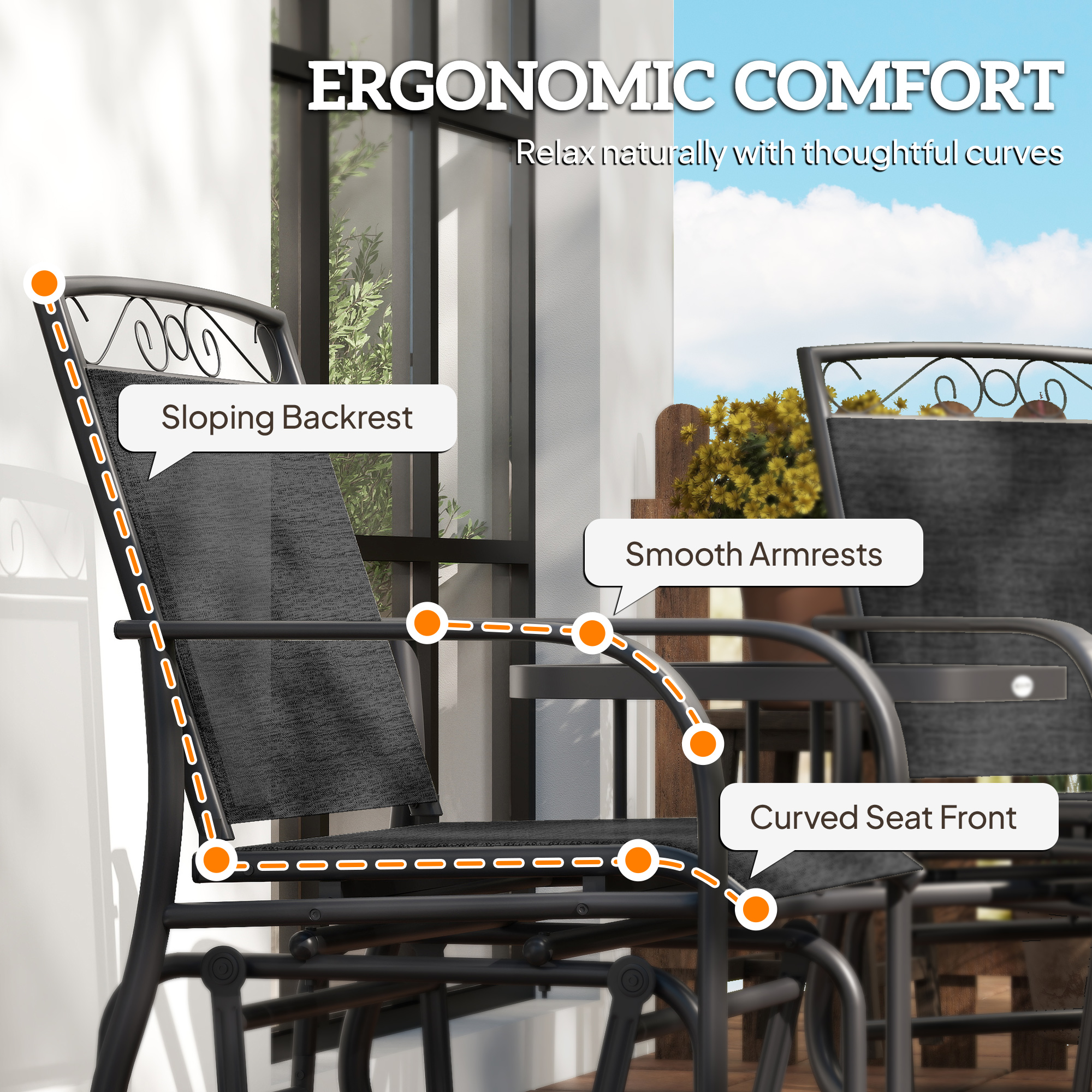 Outdoor Glider Bench with Coffee Table, Patio 2-Seat Rocking Chair Swing Loveseat with Breathable Sling for Backyard Garden Porch, Black - Image 5