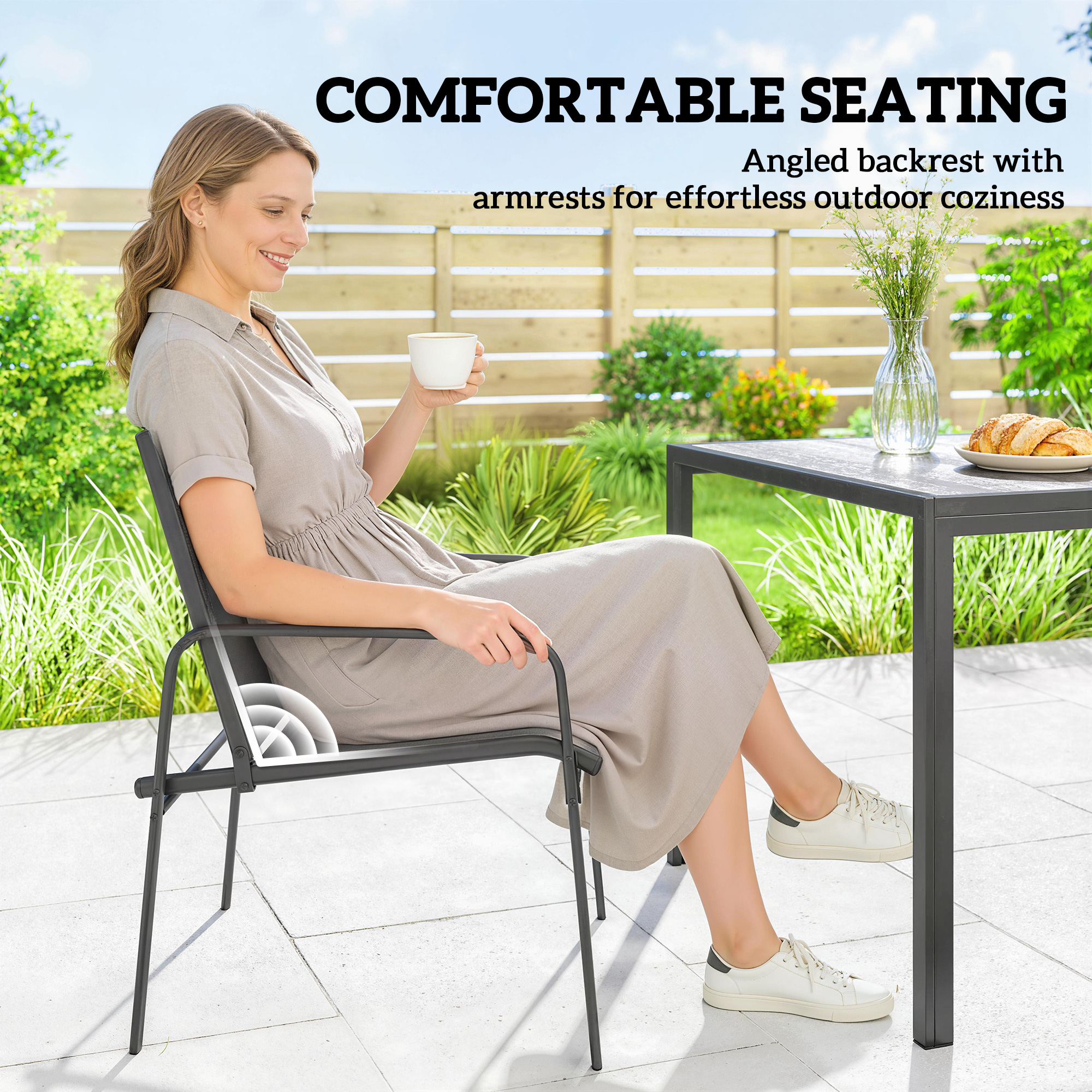 Outdoor Dining Set for 6, Faux Wood Patio Table and Chairs with Breathable Mesh Seat, Galvanized Steel Frame, Black - Image 4