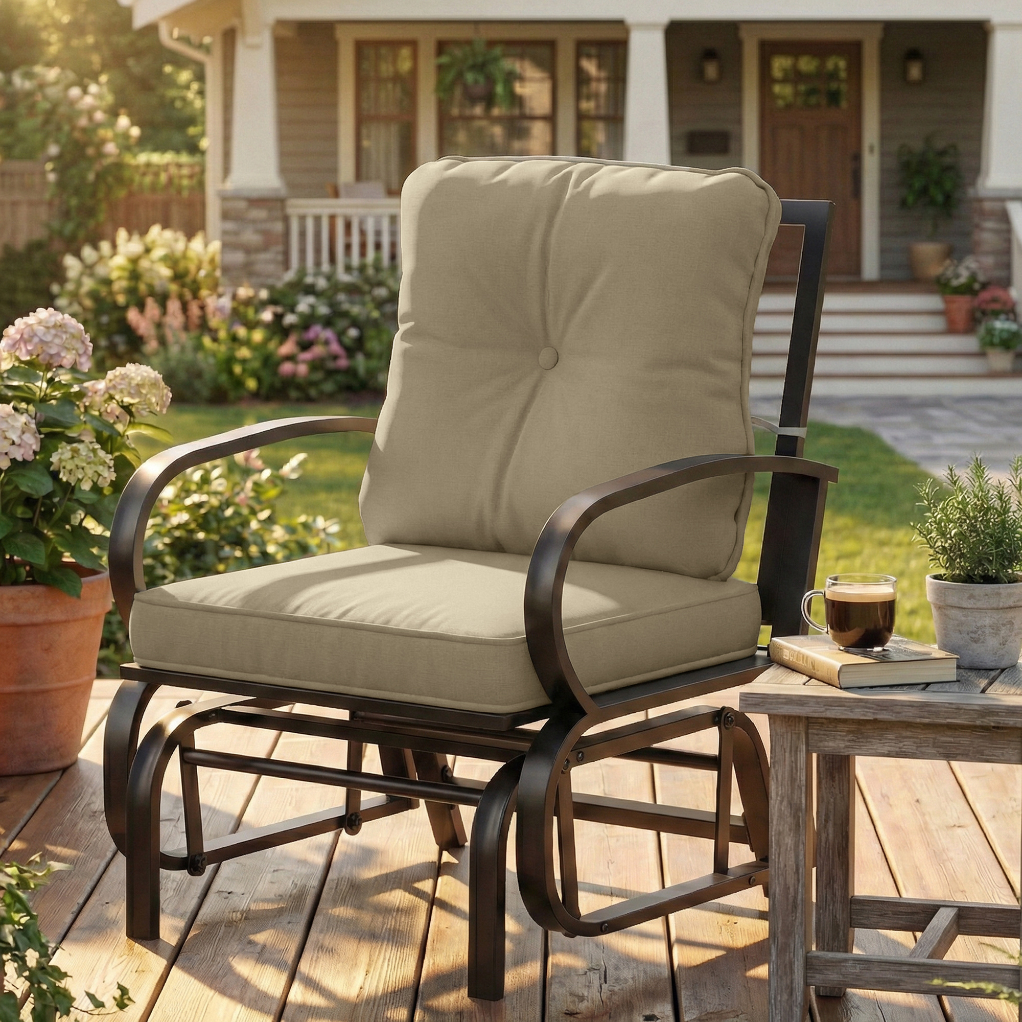 Patio Glider, Outdoor Glider Chair with Cushions, Steel Frame, Curved Armrests, Beige - Image 6