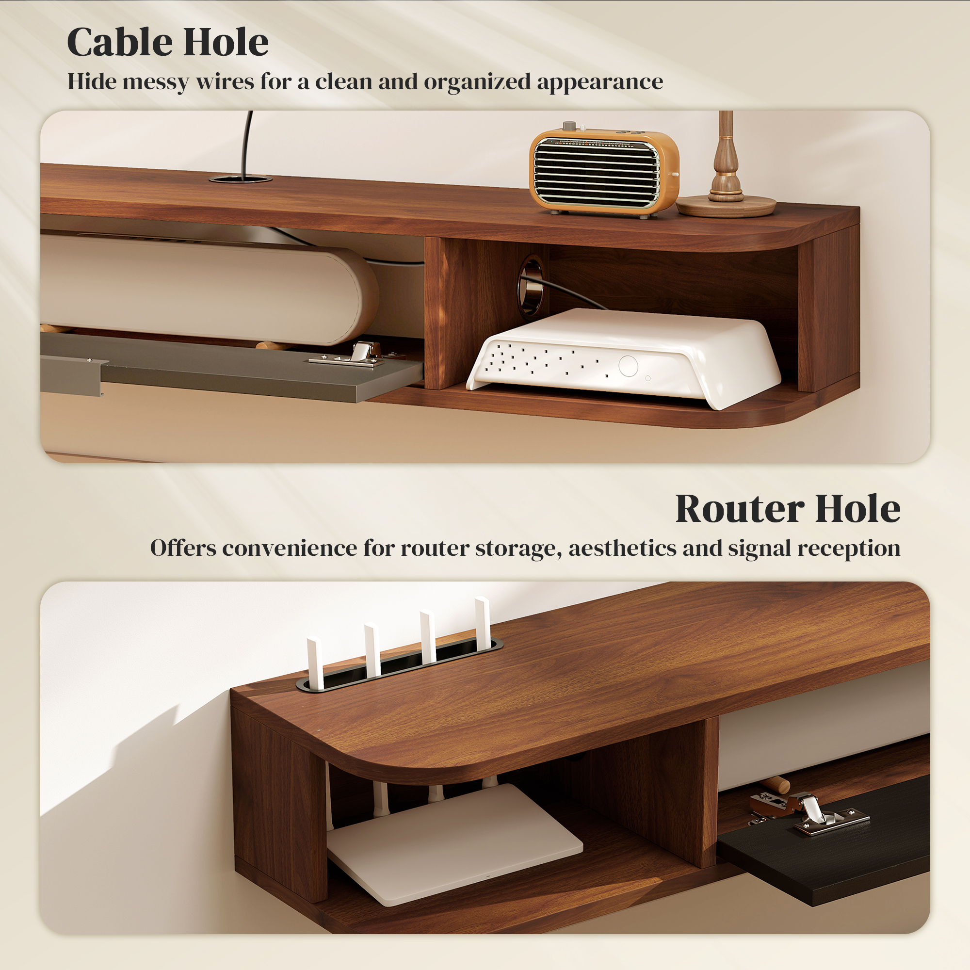 47" Floating TV Stand for TVs up to 50 Inch, Wall Mounted Media Console with Flip Drawer and 2 Open Shelves, Walnut - Image 4