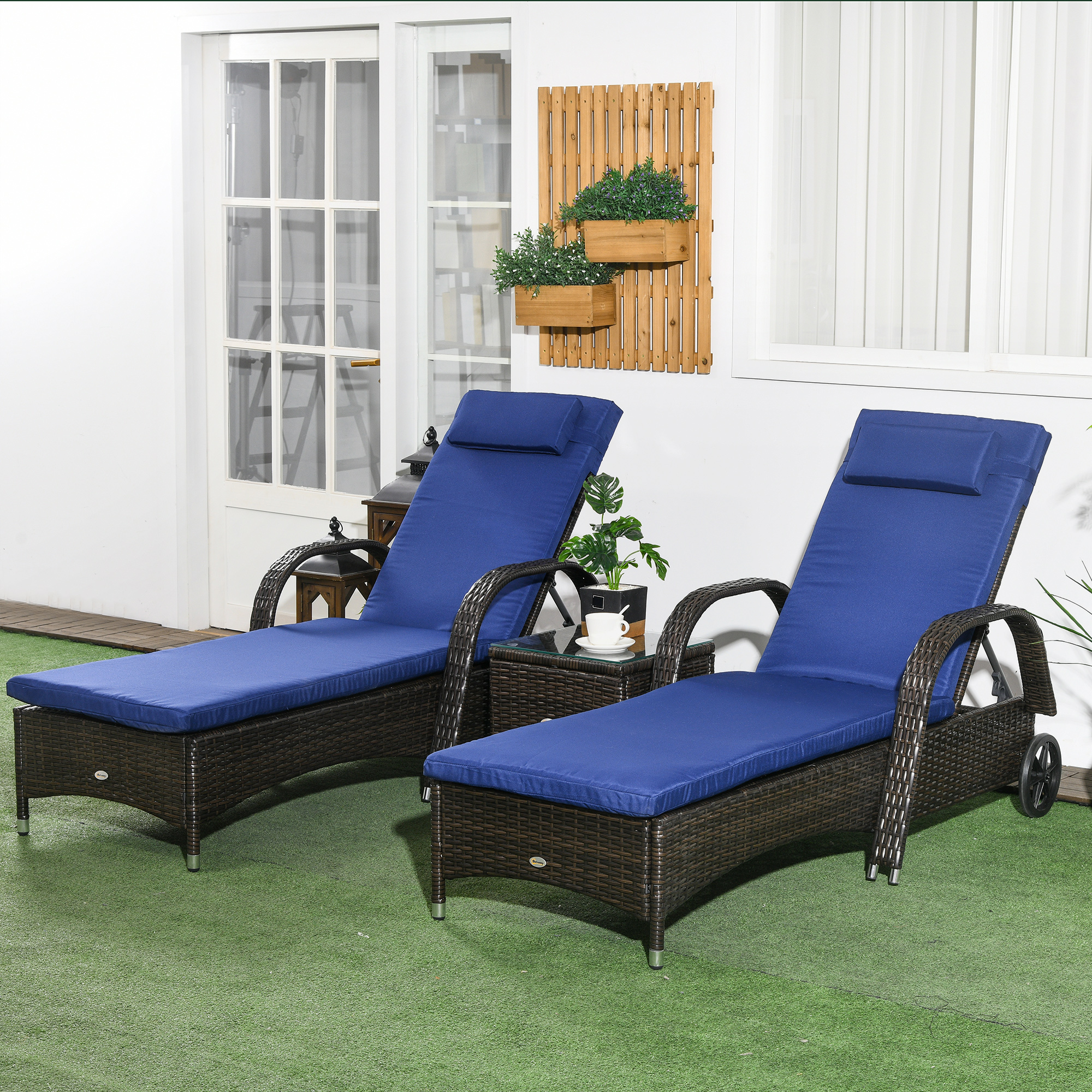 Patio Rattan Lounge Set, Wheeled Wicker Chaise Lounge Chair and Table with Tempered Glass Top, Dark Blue - Image 6