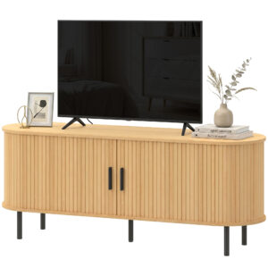 TV Stand for TVs up to 60", Modern Entertainment Center with Curved Sliding Doors, Natural Wood