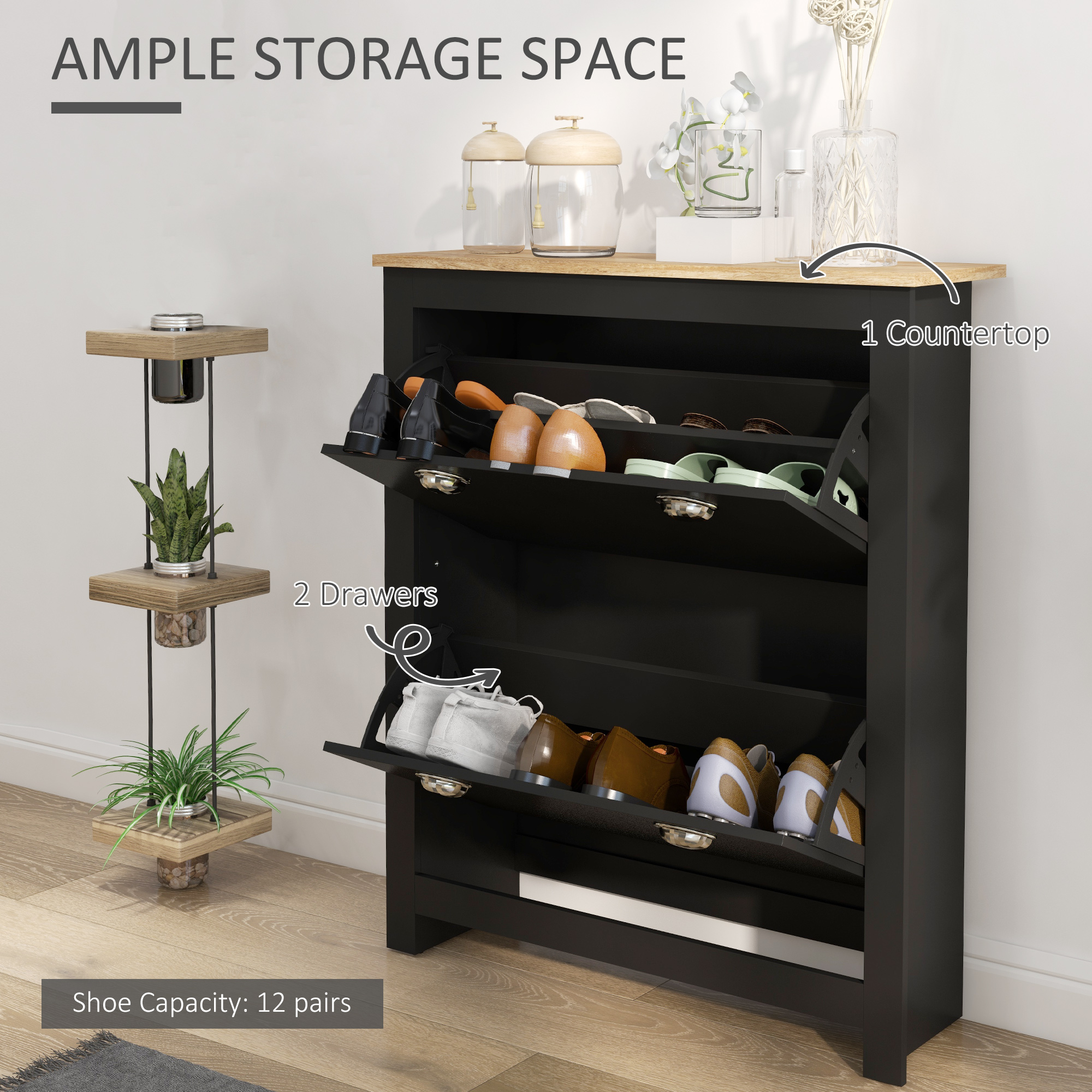 Small Shoe Cabinet with 2 Flip Drawers and Adjustable Shelves, 12 Pair Shoe Storage Organizer for Hallway, Black - Image 2