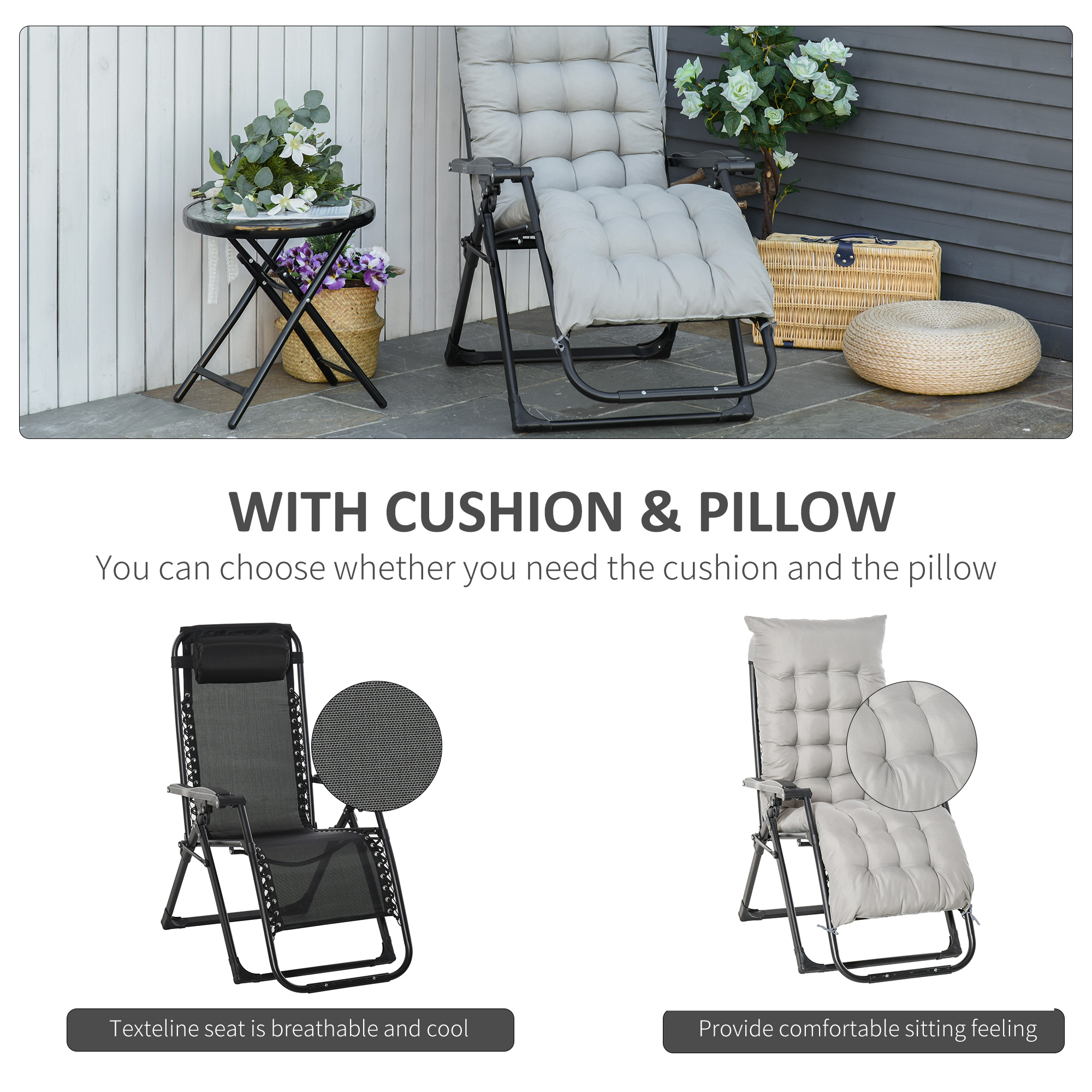 Reclining Zero Gravity Chair with Adjustable Backrest, Folding Garden Sun Lounger, Outdoor Recliner with Removable Cushion and Headrest, Light Grey - Image 2
