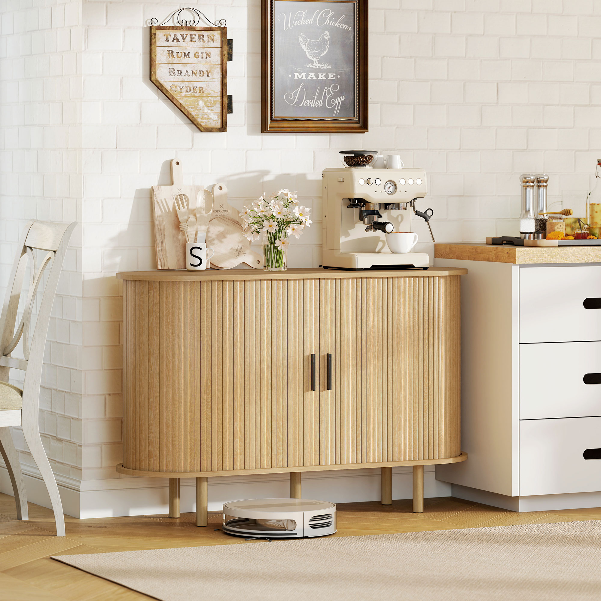 47" Buffet Cabinet with Tambour Sliding Doors, Fluted Sideboard with Storage Shelves and Wooden Legs, Oak - Image 6