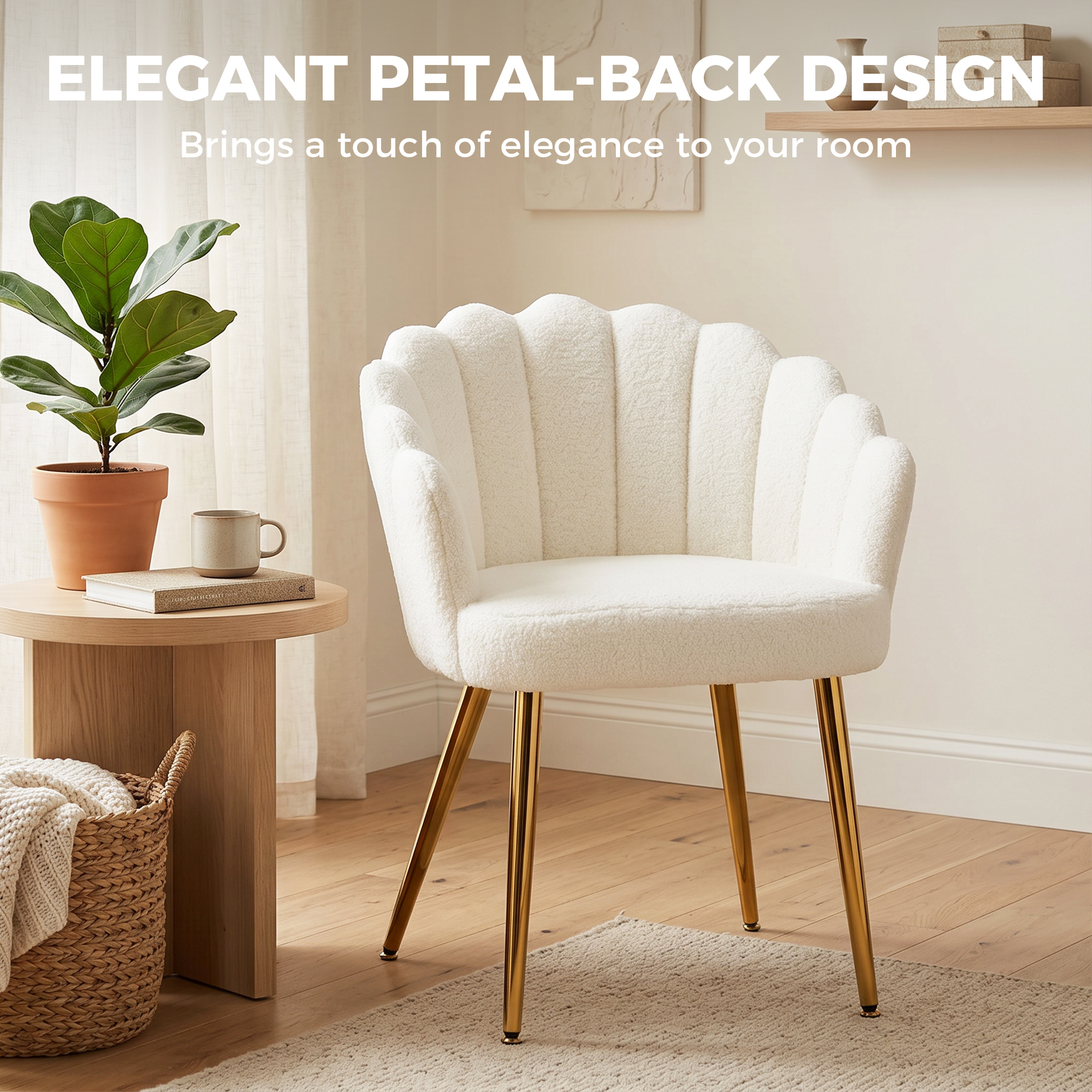 Accent Chair Petal-Back Design Modern Living Room Chair with Metal Legs Cream - Image 2
