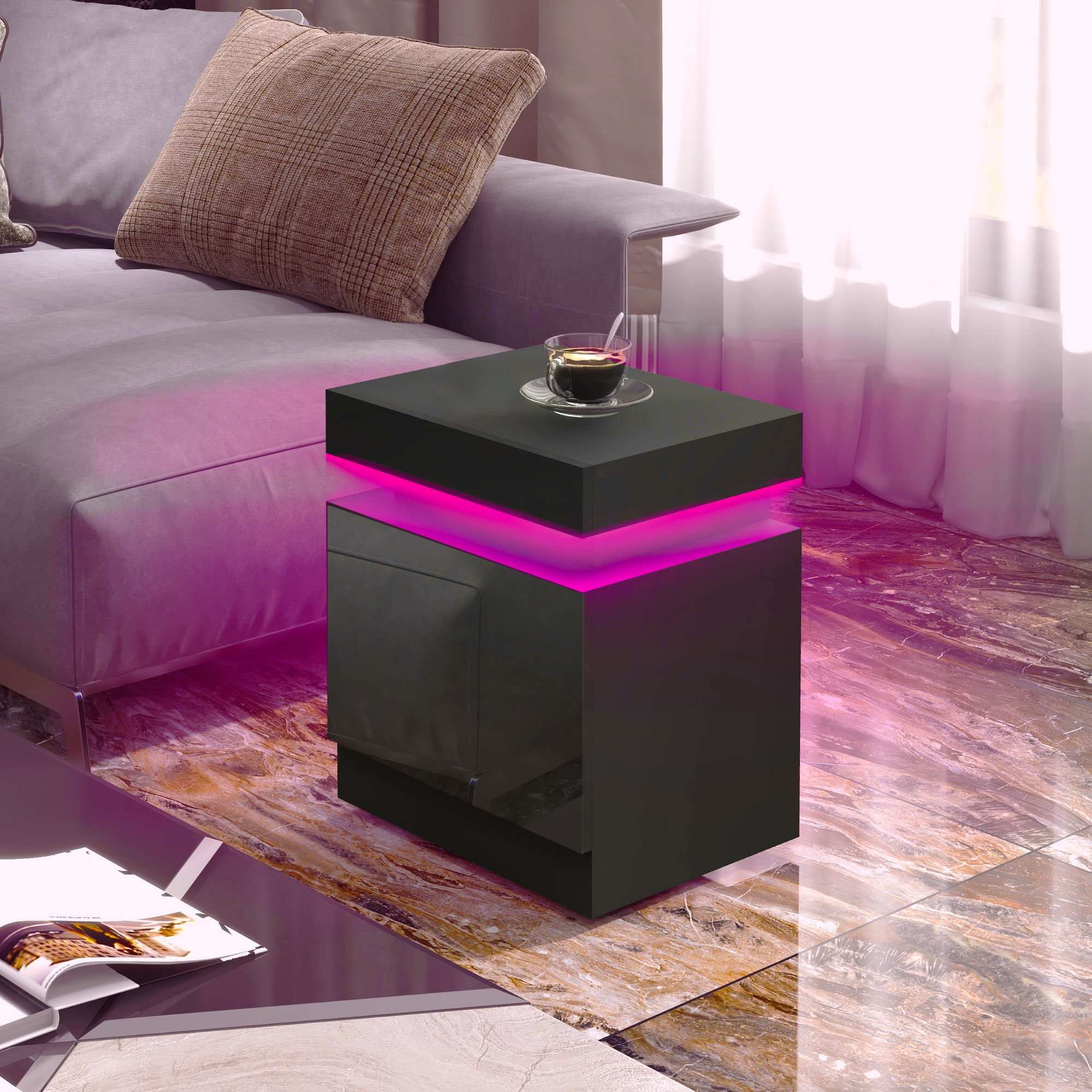 Nightstand, Bedside Table with LED Lights and 2 Drawers for Bedroom, Living Room, Black - Image 6