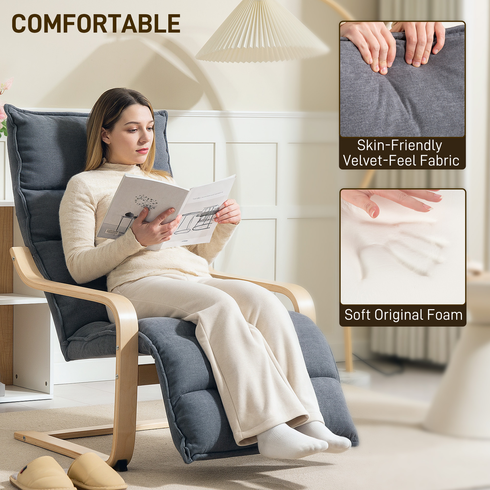 Accent Chair, Velvet Upholstered Living Room Chair with Footrest, Wood Frame, Dark Grey - Image 2
