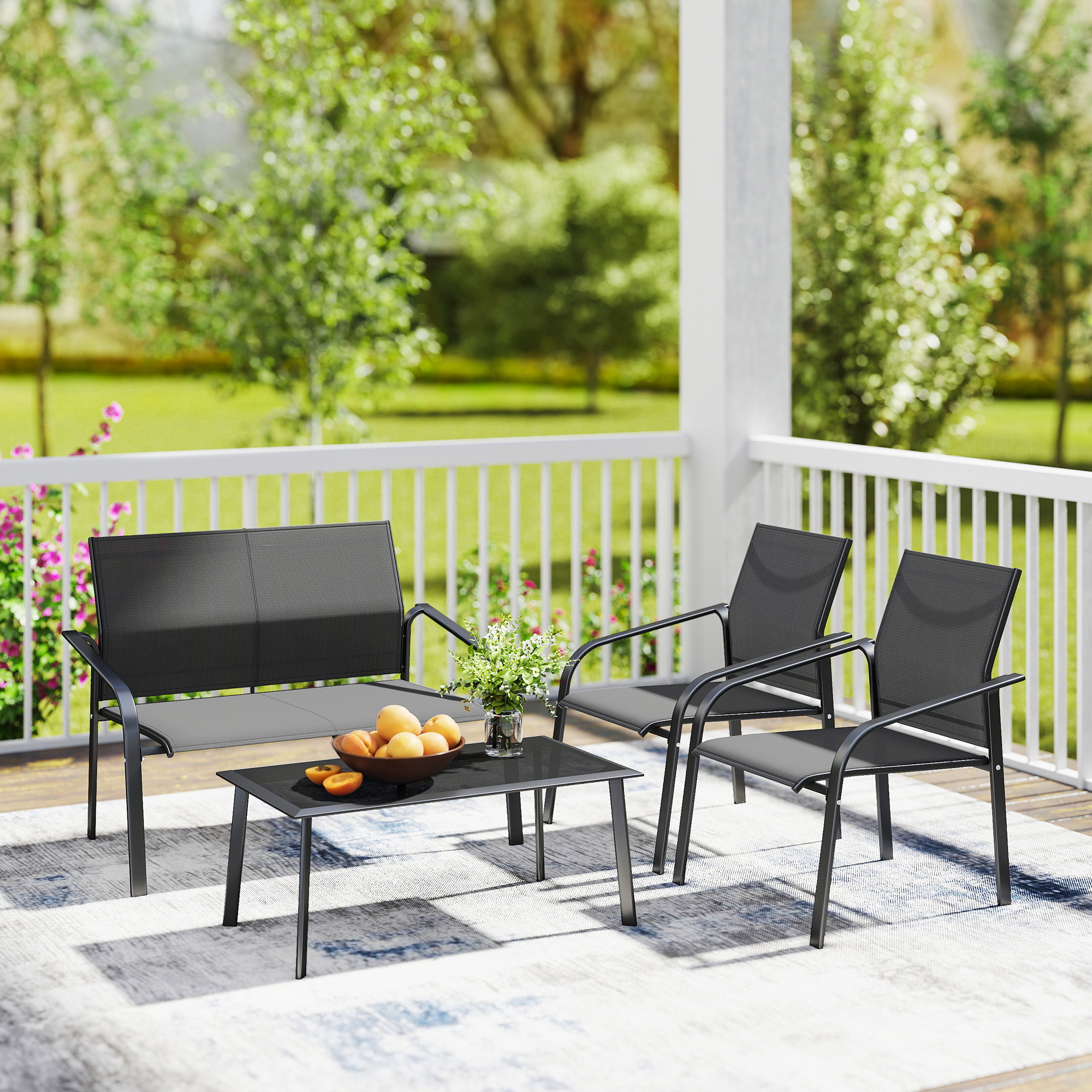 4 Piece Patio Furniture Set, Outdoor Conversation Set with Deep Seat, Loveseats, Armchairs, Glass-Top Table, Black - Image 6