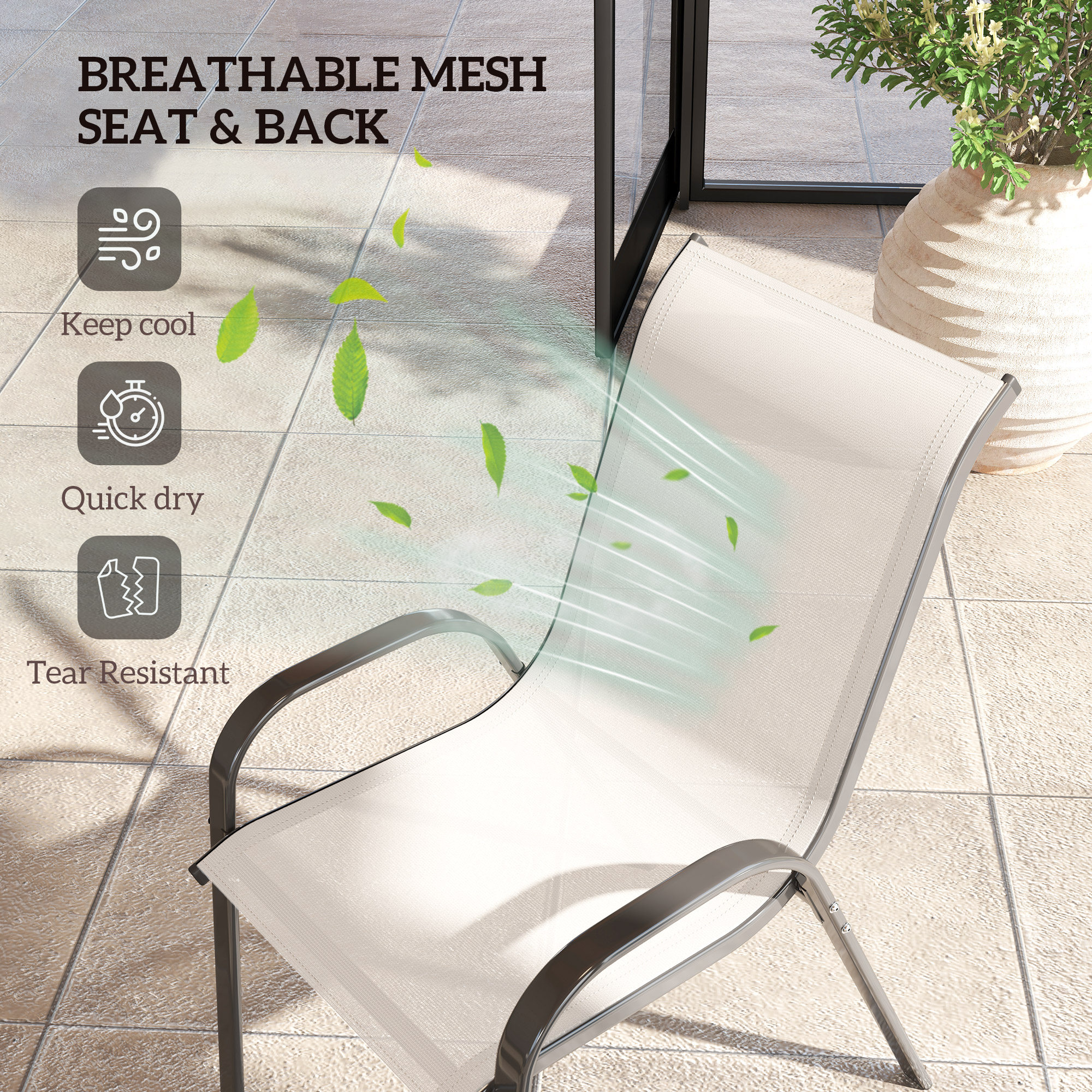 Set of 2 Outdoor Dining Chairs, Stackable Lawn Chairs with High Back, Breathable Mesh Seat for Garden Porch, Light Grey - Image 3