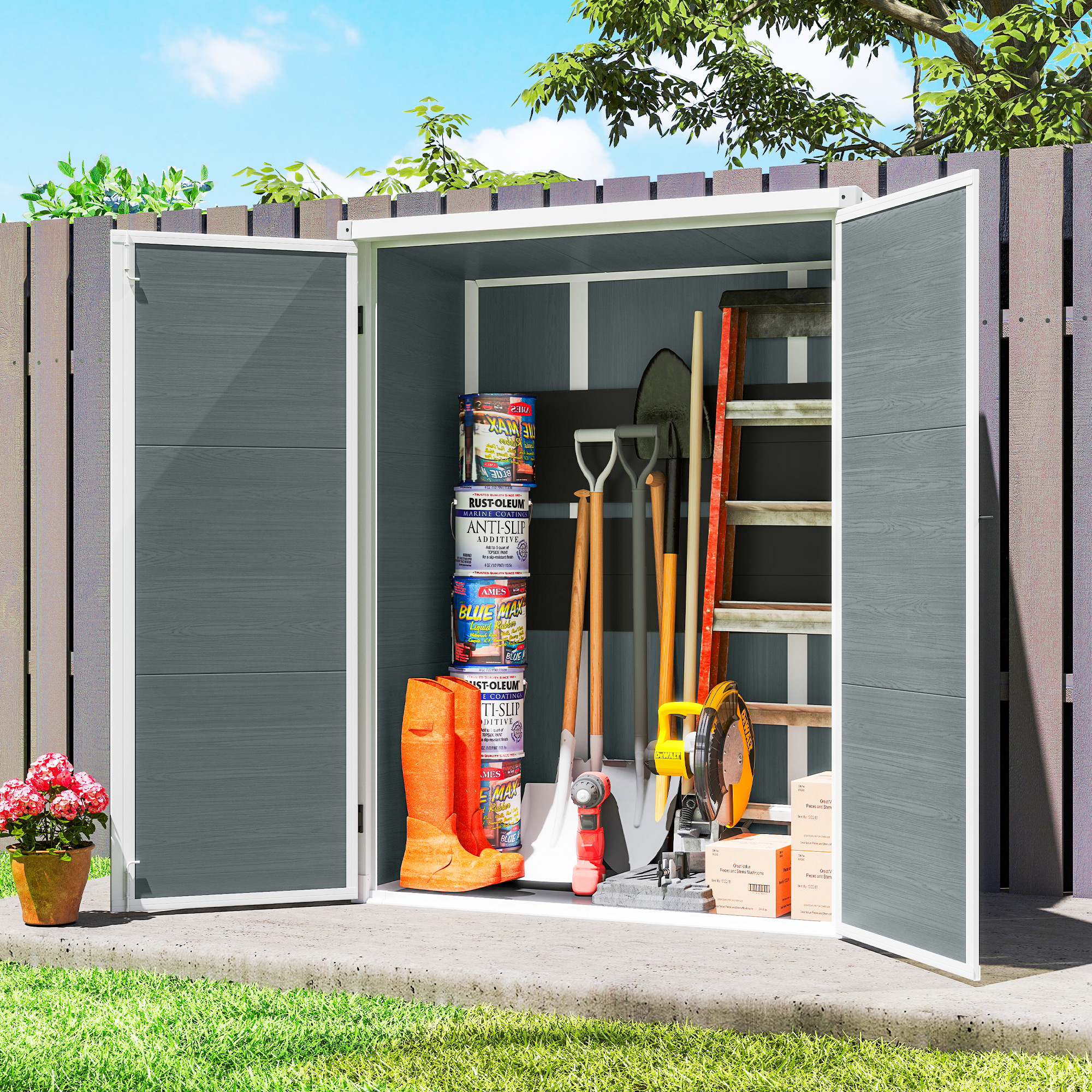 Outdoor 4.4' x 2.3' Plastic Storage Shed with Lockable Doors and Foldable Shelves, Wood-Effect Garden Shed, Grey - Image 6