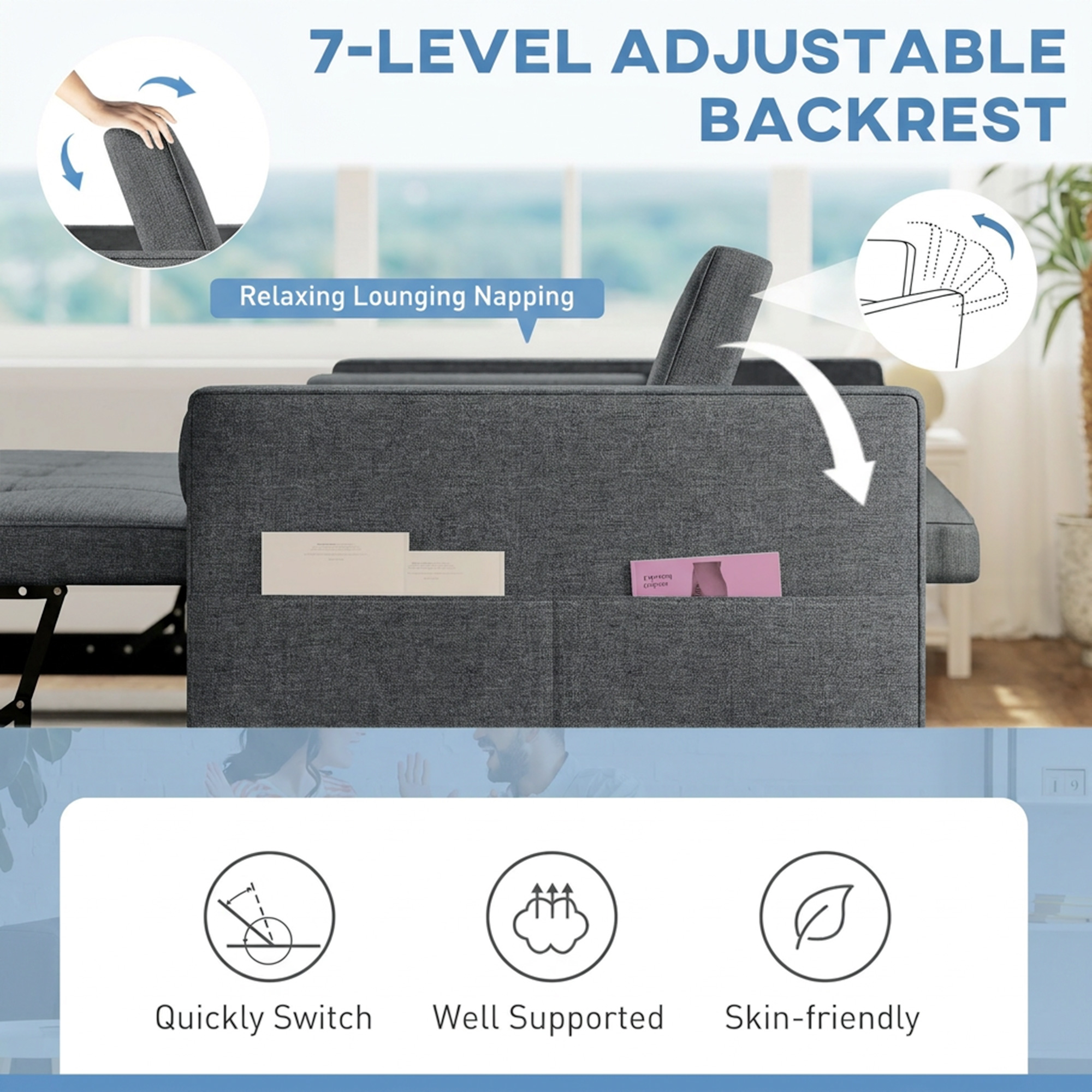 Pull Out Sofa Bed, Sleeper Sofa Couch with USB Ports, Small Linen Loveseat Futon Couch for Living Room, Dark Grey - Image 3