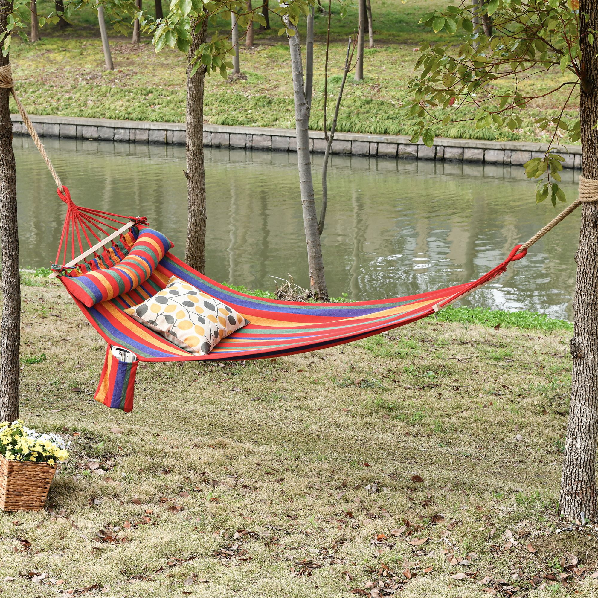 Cotton Hammock Portable Soft Swing Sleeping w/ Headrest & Side Pocket Deluxe Swing Chair for Beach, Yard, Bedroom, Patio, Porch, Indoor, Outdoor, Rainbow Stripes - Image 6