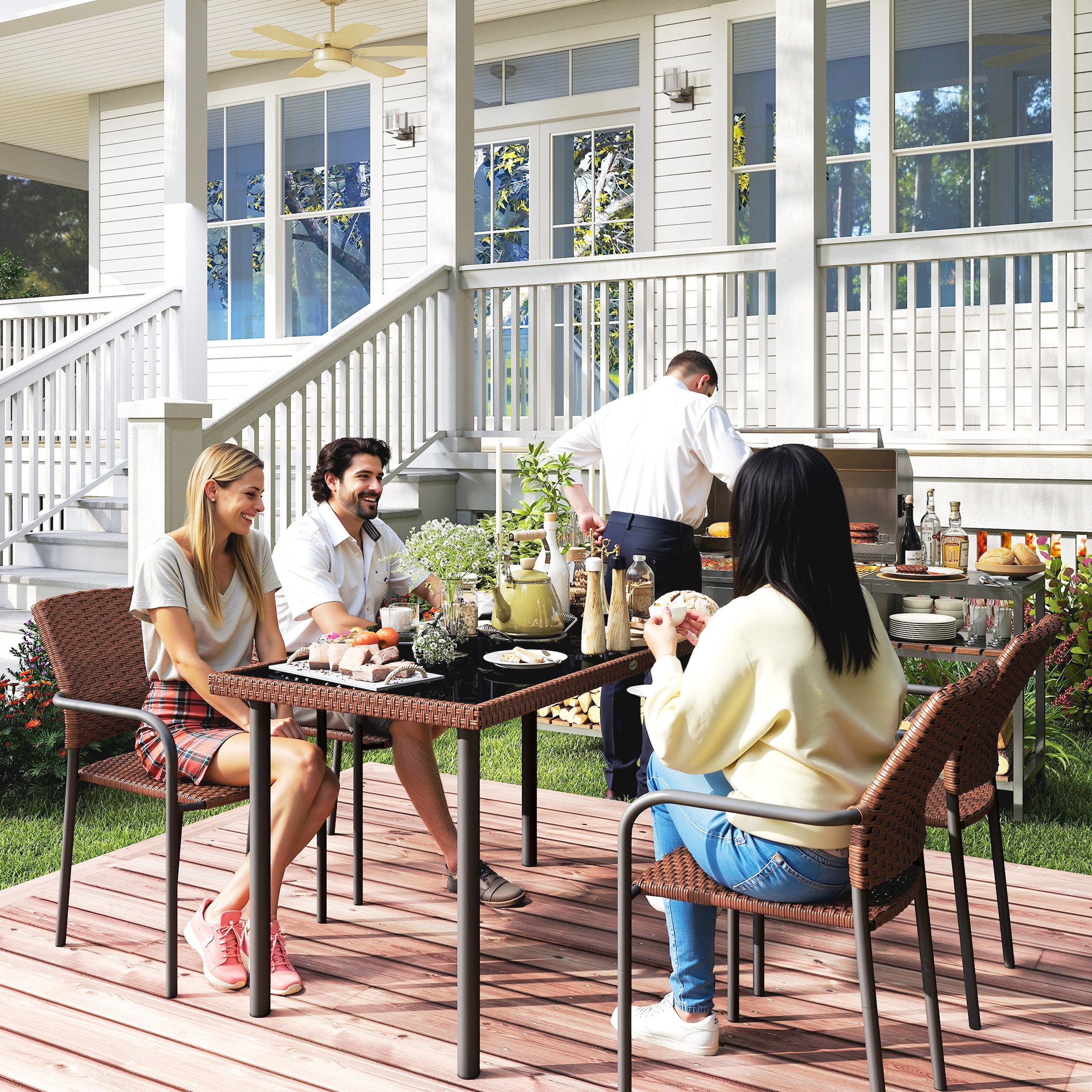 5 Pieces Outdoor Dining Set for 4, PE Wicker Rattan Patio Furniture Set with Stackable Chairs and Glass Table Top - Image 6