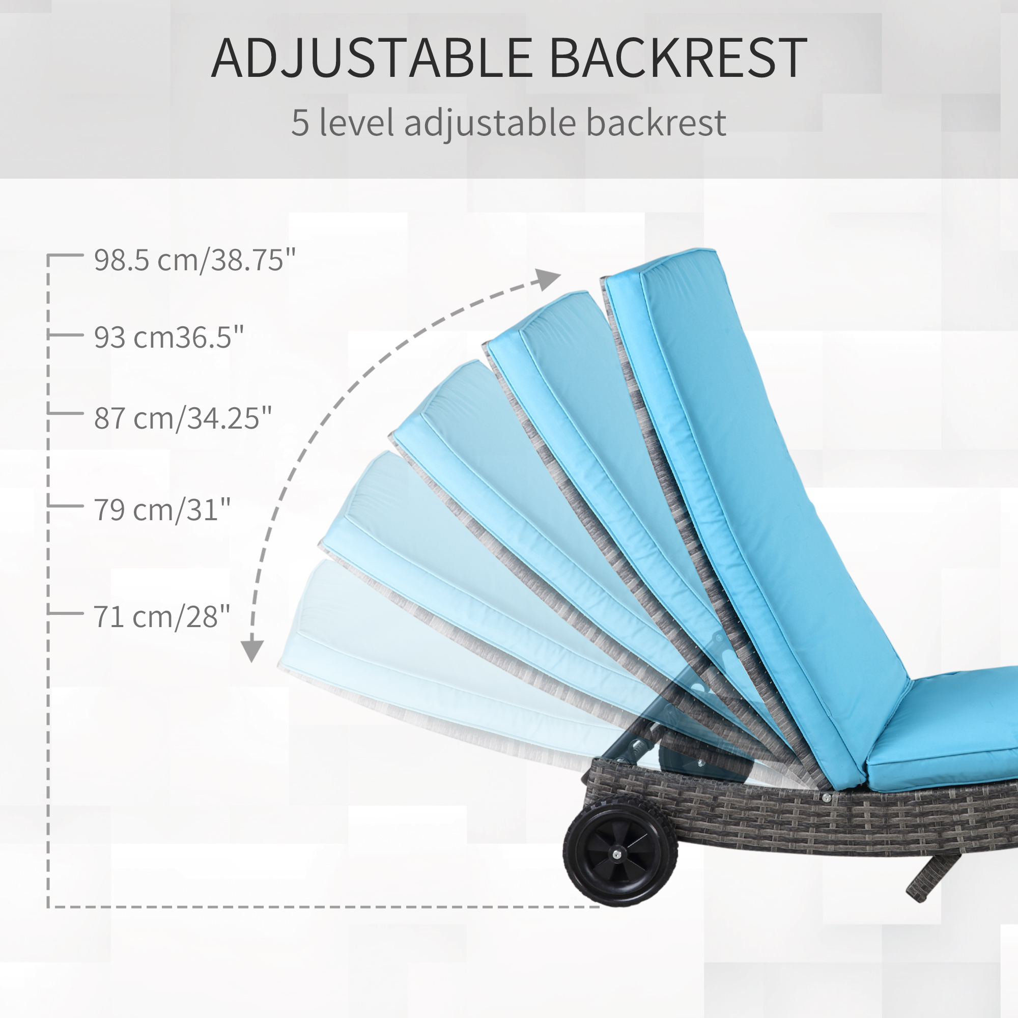 Outdoor Adjustable Wicker Chaise Lounge Chair with Cushion & Wheels for Patio, Deck, Poolside, Sky Blue - Image 3