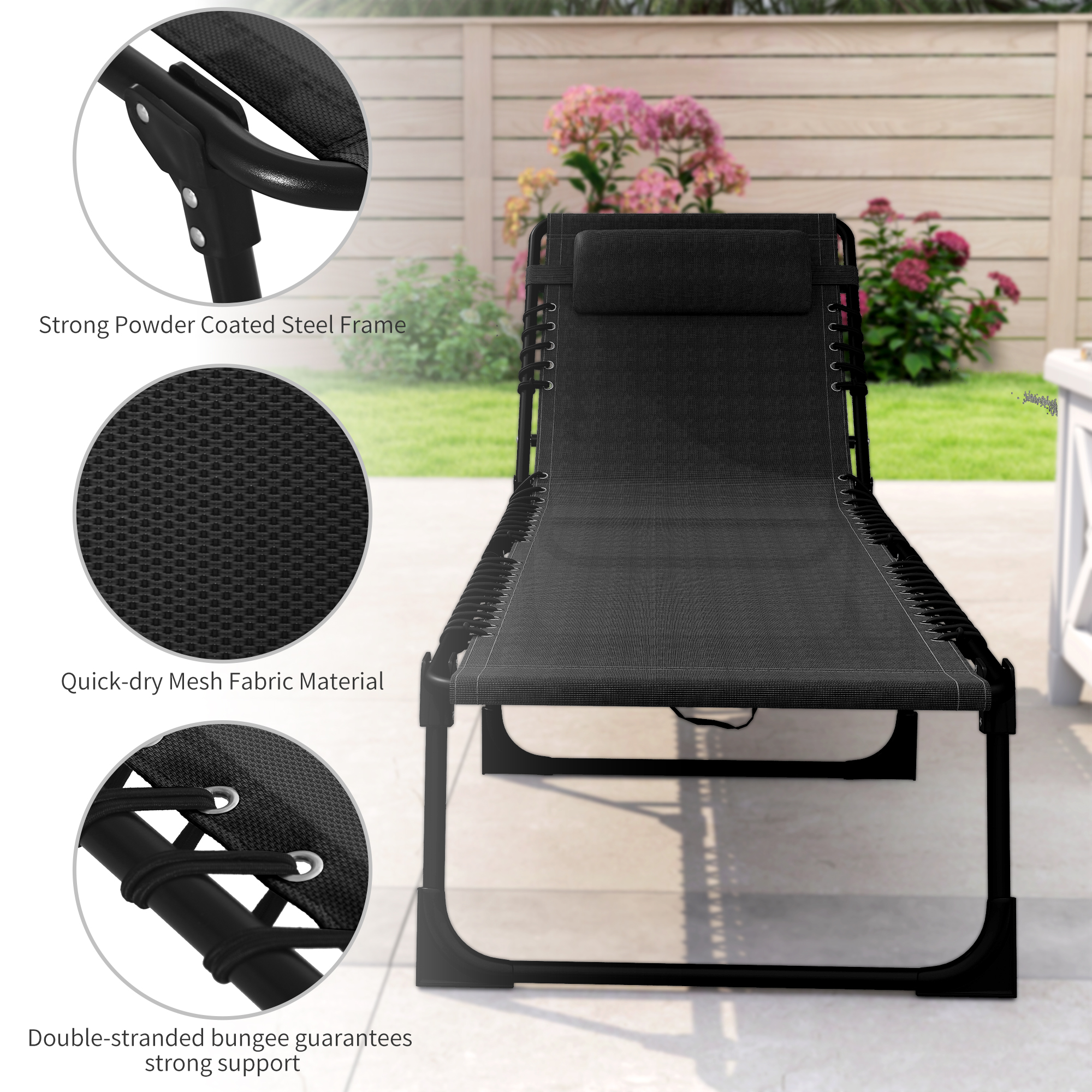 Outdoor Folding Lounge Chair, 4-Level Adjustable Chaise Lounge with Headrest, Tanning Chair Beach Bed Reclining Lounger Cot for Camping, Hiking, Backyard, Black - Image 3