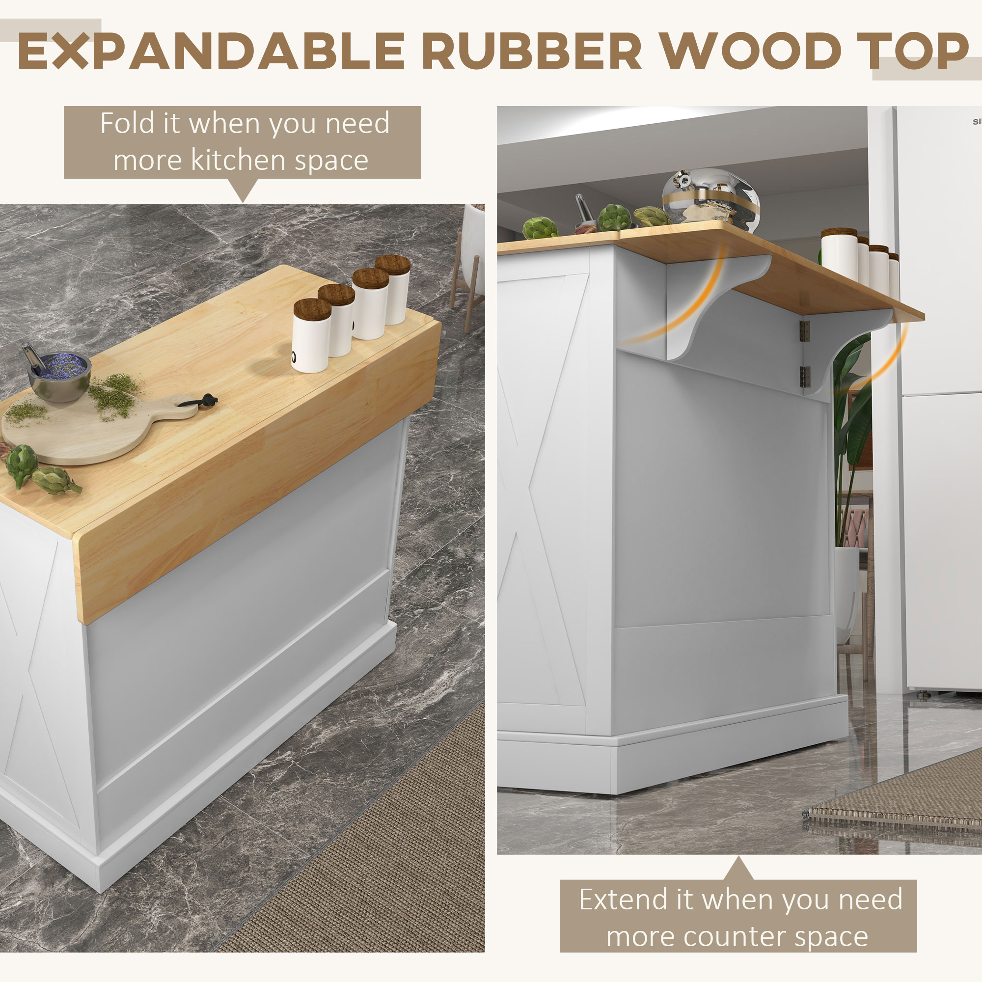Rolling Kitchen Island with Drop Leaf Wood Breakfast Bar, Farmhouse Kitchen Cart with 2 Drawers, Adjustable Shelves for Dining Room, White - Image 2