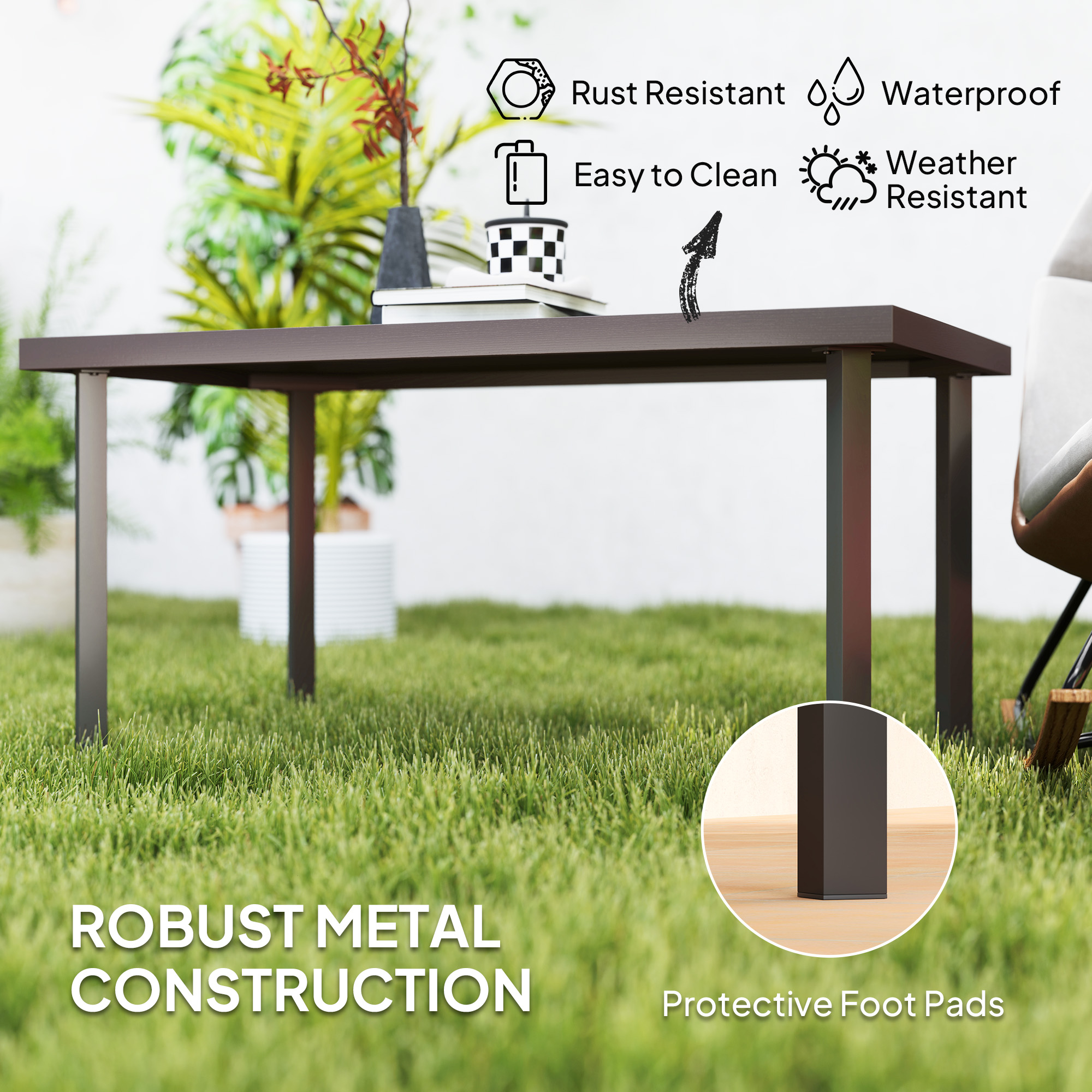 Metal Outdoor Side Table, Rectangle Patio Coffee Table with Woodgrain Tabletop for Outside Garden, Brown - Image 3