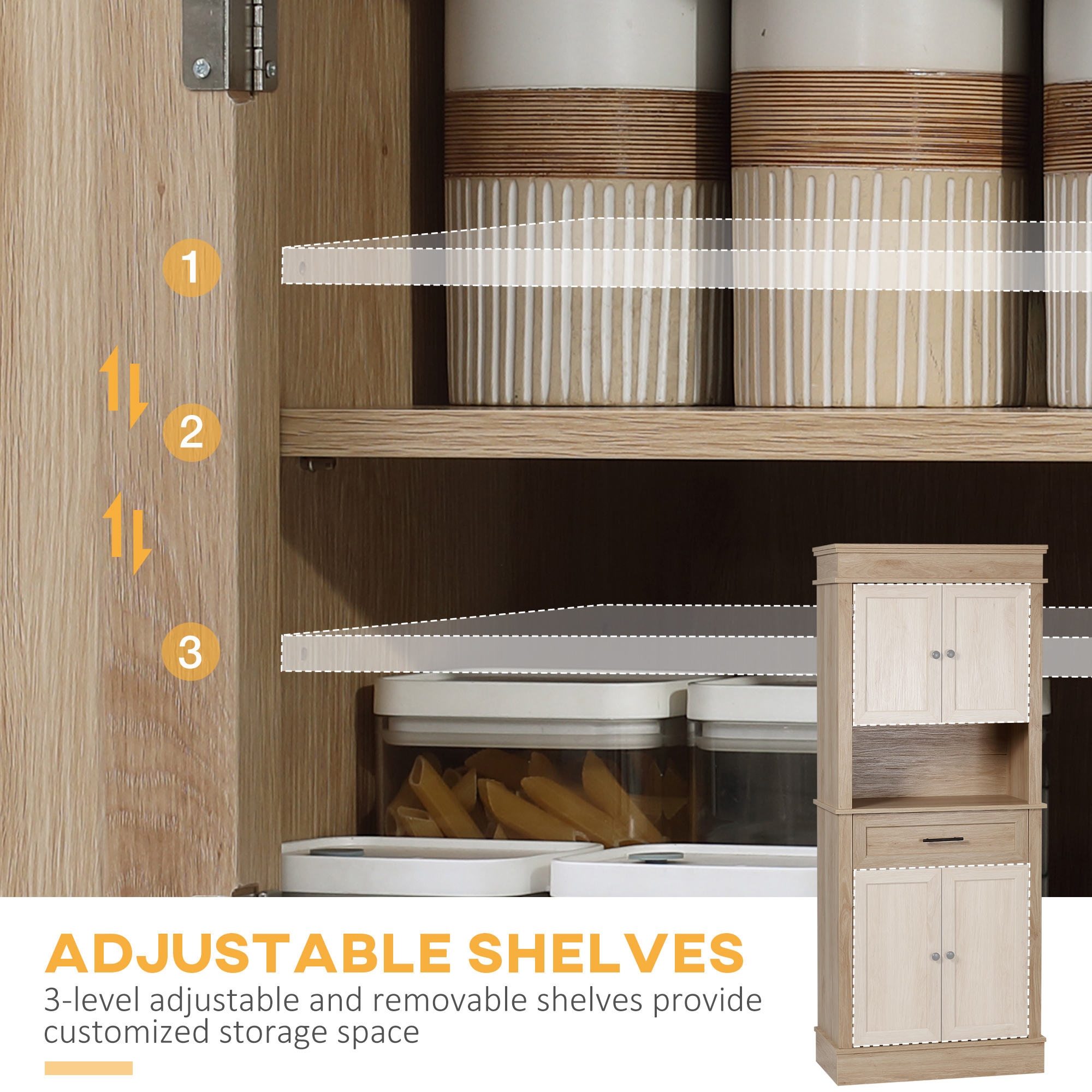 Modern Freestanding Kitchen Pantry Cabinet with Doors Open Shelves Adjustable Shelving Microwave Space, Oak - Image 3