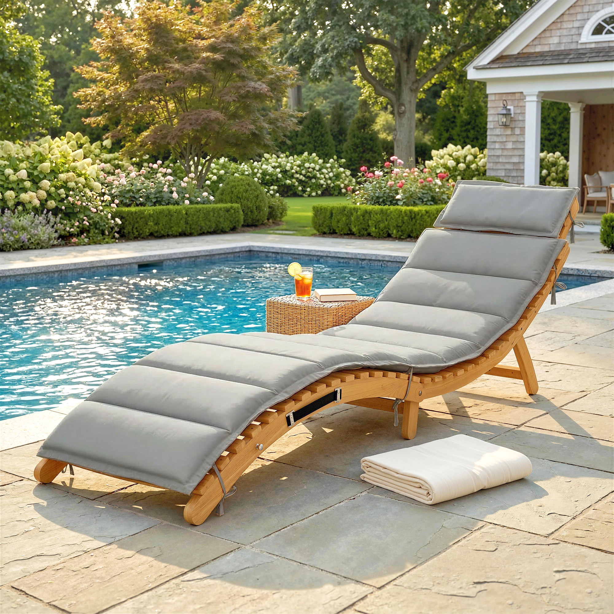 Folding Chaise Lounge Chair Outdoor, Acacia Wood Lounger Tanning Chair with Cushion, Headrest, Light Grey - Image 6