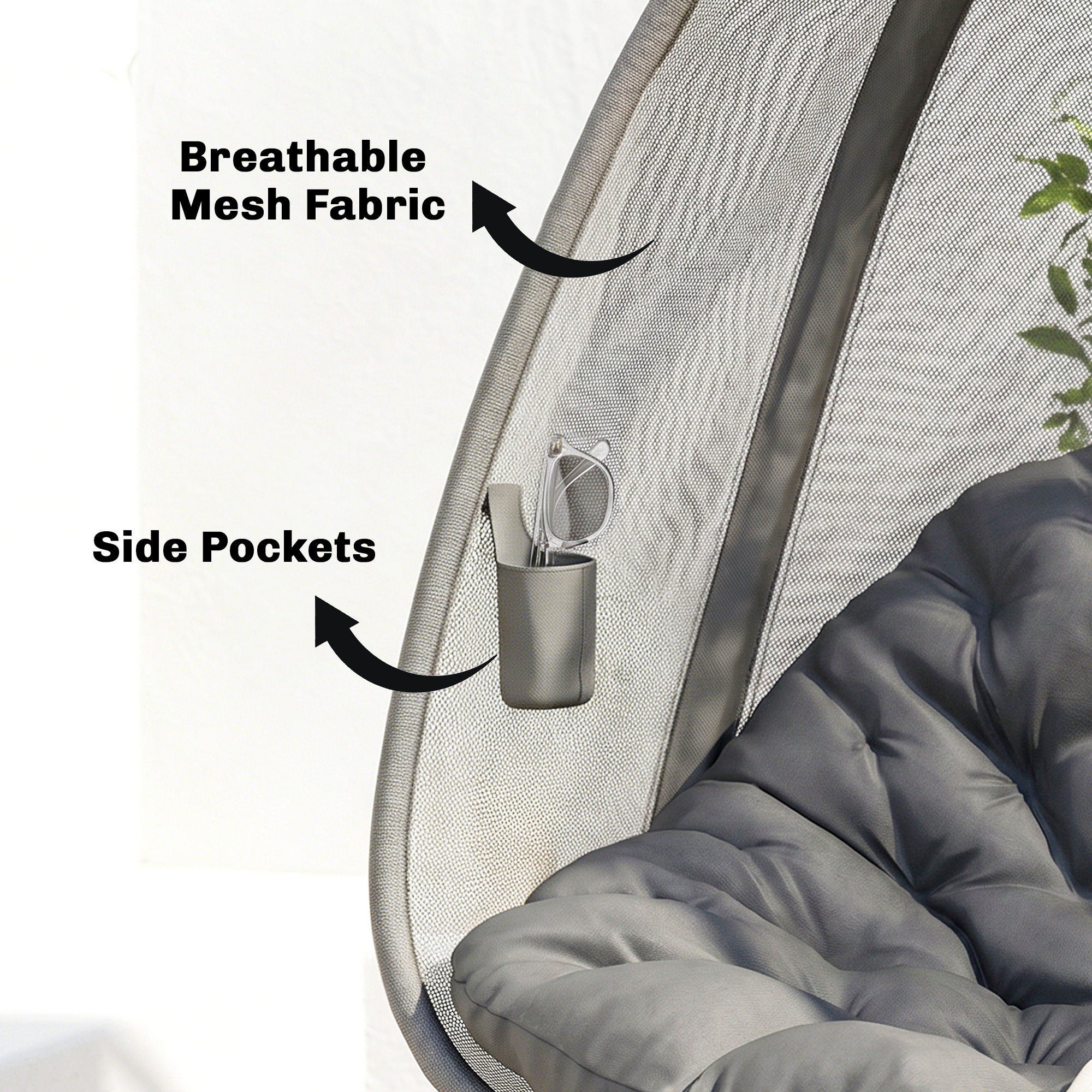 Hanging Egg Chair, Outdoor Indoor Swing Chair with Stand, Folding Basket and Thickened Cushion, Grey - Image 5