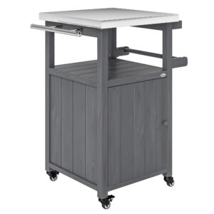 Grill Table with Stainless Steel Top, Pizza Oven Table with Storage Cabinet, Spice Rack, Wheels, Handle, Dark Grey