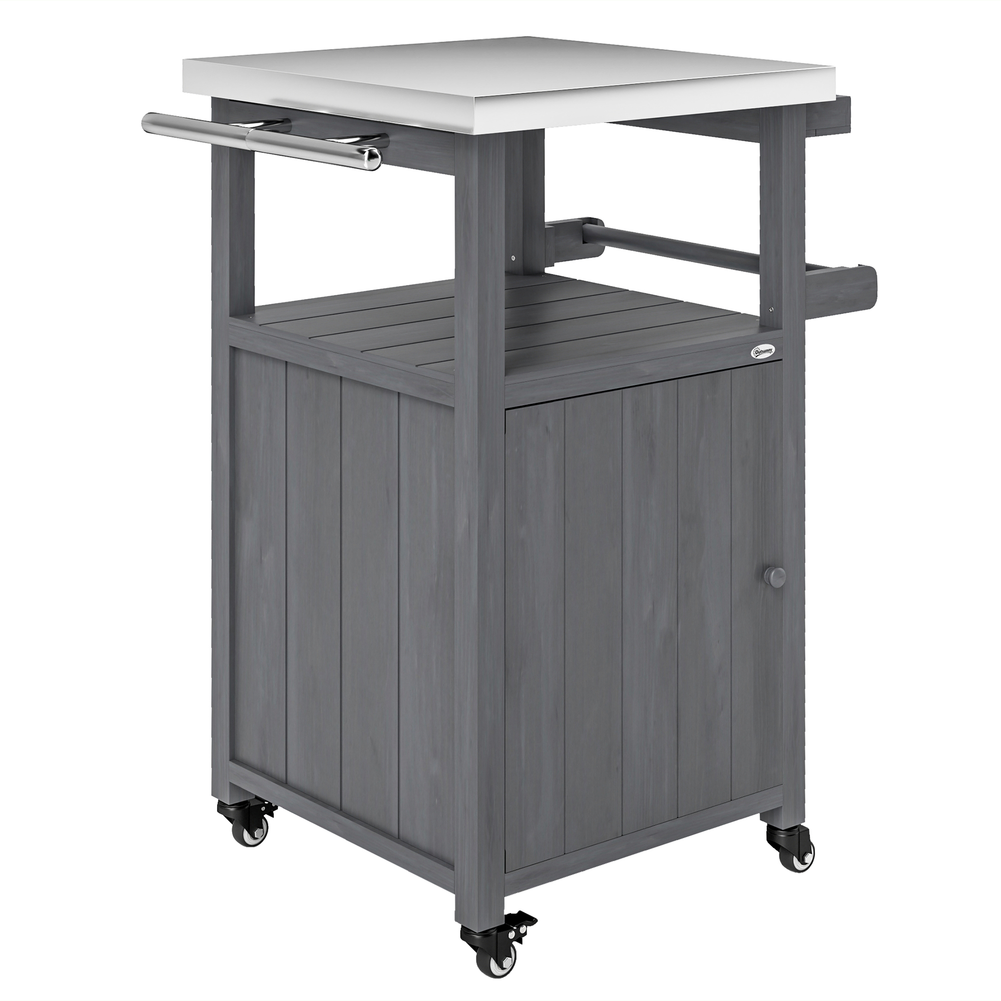 Grill Table with Stainless Steel Top, Pizza Oven Table with Storage Cabinet, Spice Rack, Wheels, Handle, Dark Grey