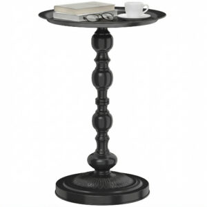 15.4" Round Outdoor Side Table, Tray Top Metal Patio Table with Retro Column Base for Indoor, Balcony, Garden, Black