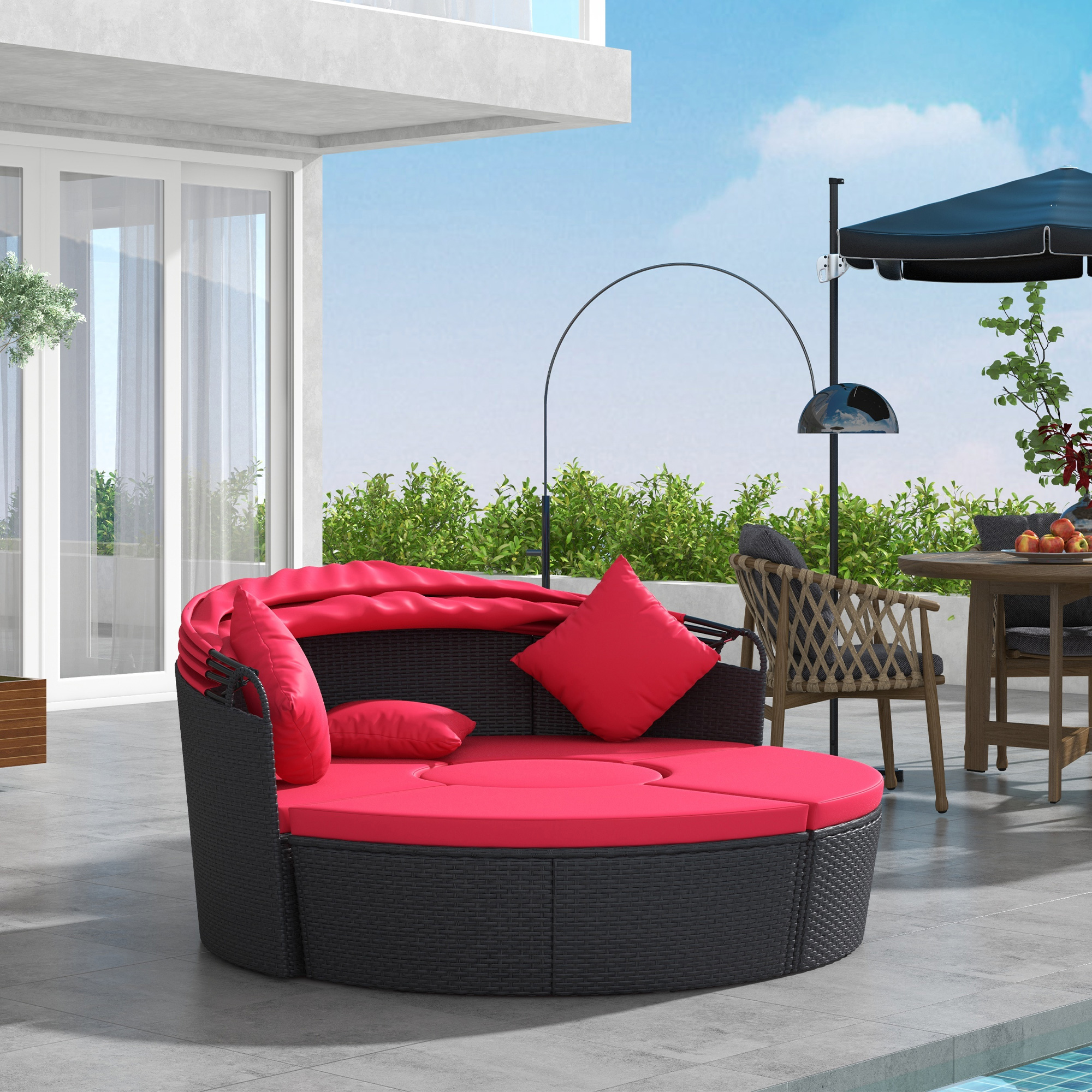 4-piece Round Sofa Bed, Outdoor Daybed with Retractable Canopy, PE Rattan Wicker Patio Lounge Chair - Image 6