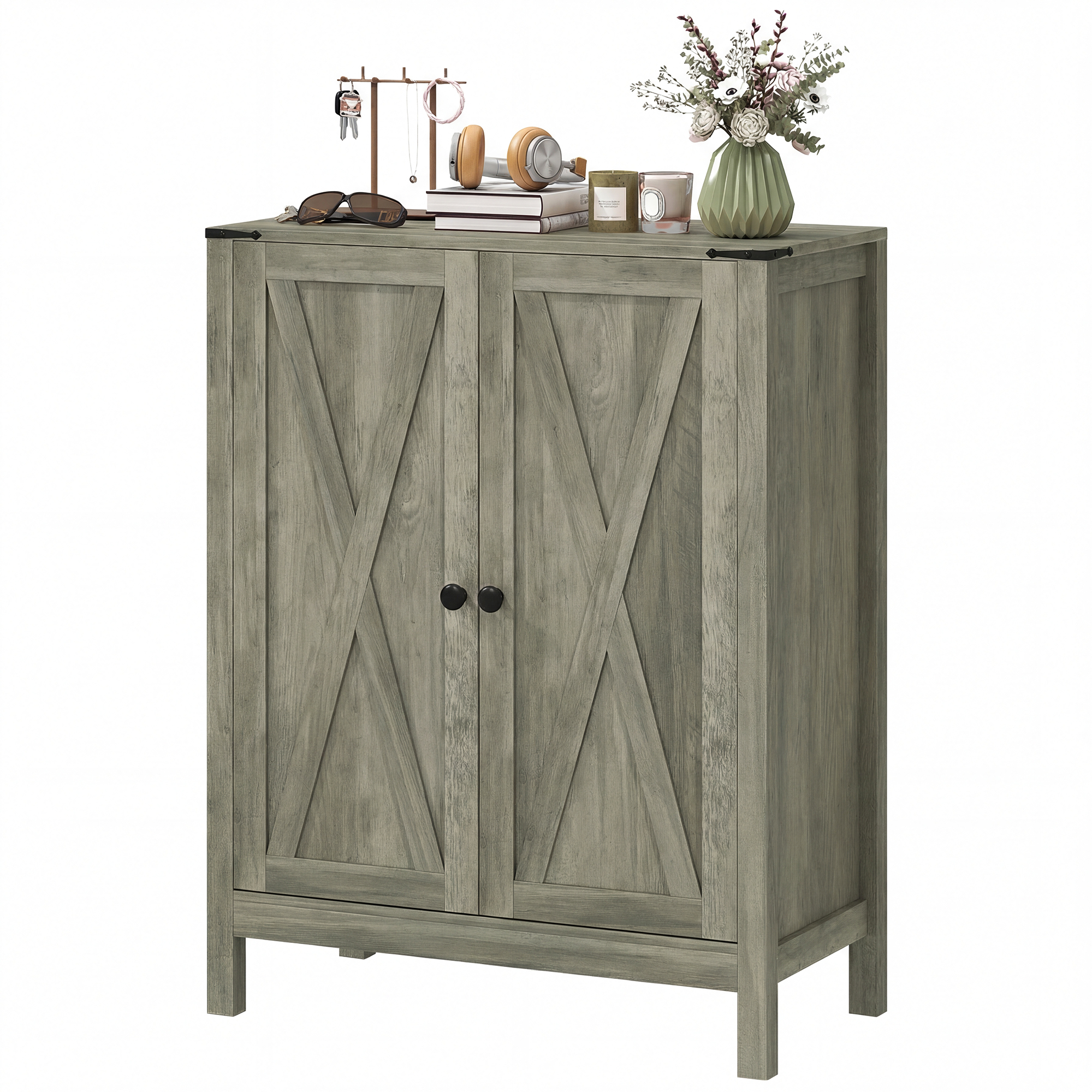 Shoe Cabinet with Barn Doors, Farmhouse Shoe Storage Cabinet with Adjustable Shelves, Holds up to 15 Pairs, Grey