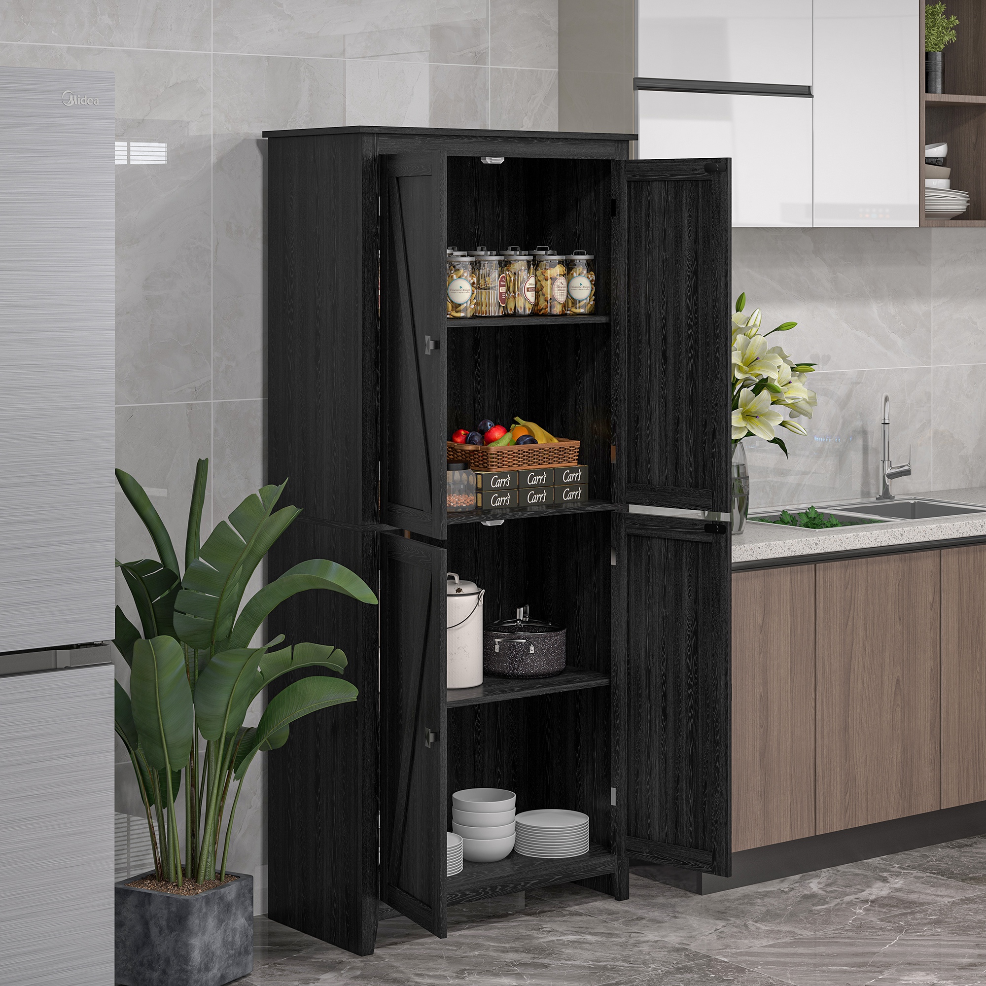 72" Freestanding Storage Cabinet, Kitchen Pantry Cabinet with Doors and Shelves for Dining Room, Black - Image 6