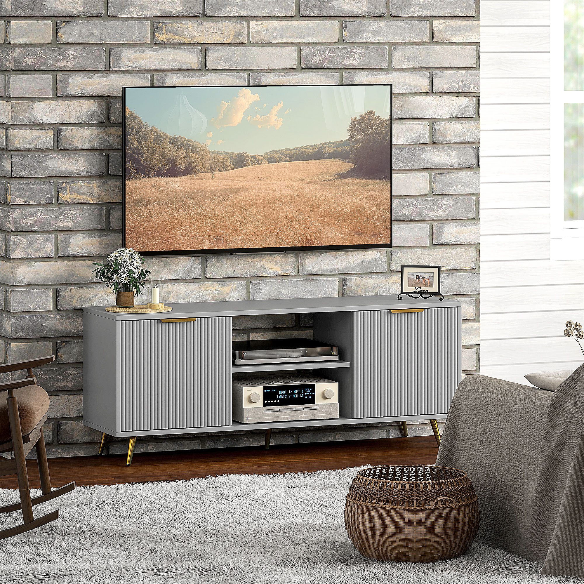 TV Stand with Storage for 55 Inch TV, Modern TV Cabinet with 2 Open Shelves and 2 Cabinets for Living Room, Grey - Image 6