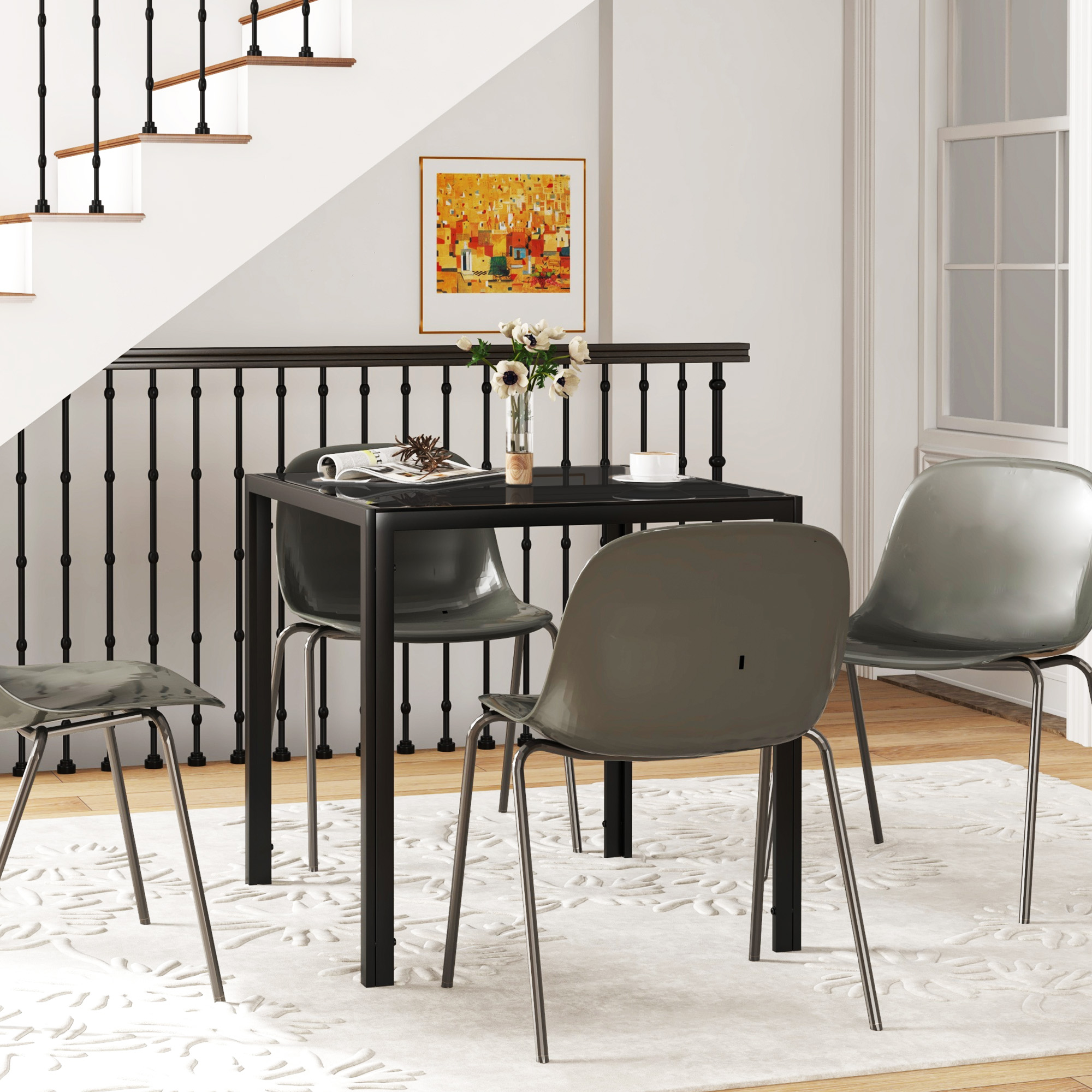 Square Kitchen Table for 2-4 People, Dining Table with Glass Top and Steel Legs for Dining Room, Black - Image 6