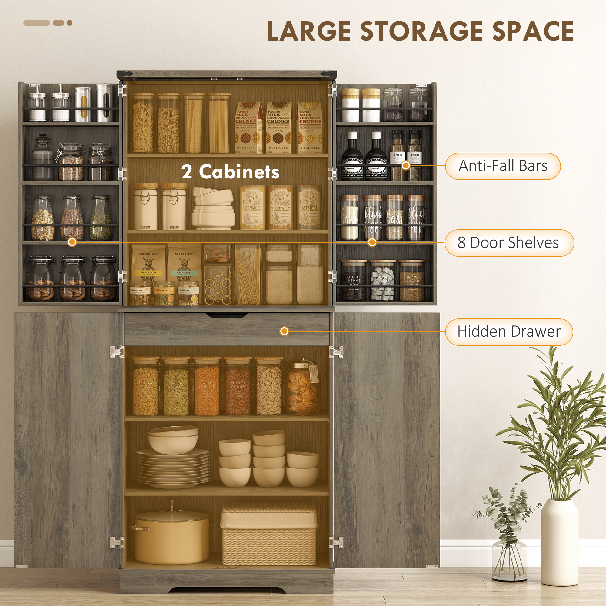 72" Kitchen Pantry Cabinet, Farmhouse Storage Cabinet with 4 Doors, Drawer, 8 Door Shelves and Adjustable Shelf, Grey - Image 2