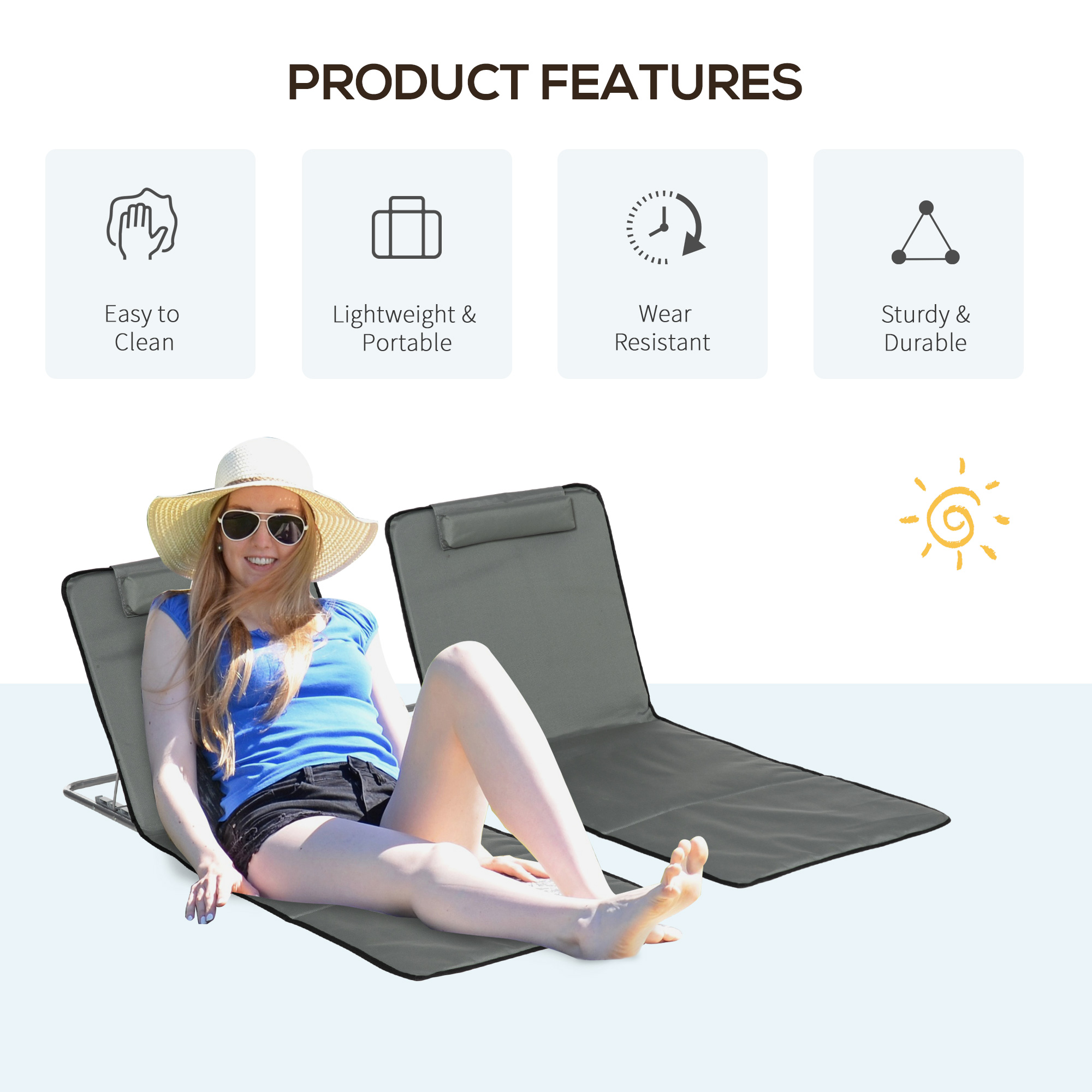 Set of 2 Sun Lounger Beach Mat Folding Lounge Chair Mat with Adjustable Back Steel Frame Head Pillow Carry Bag Grey - Image 5