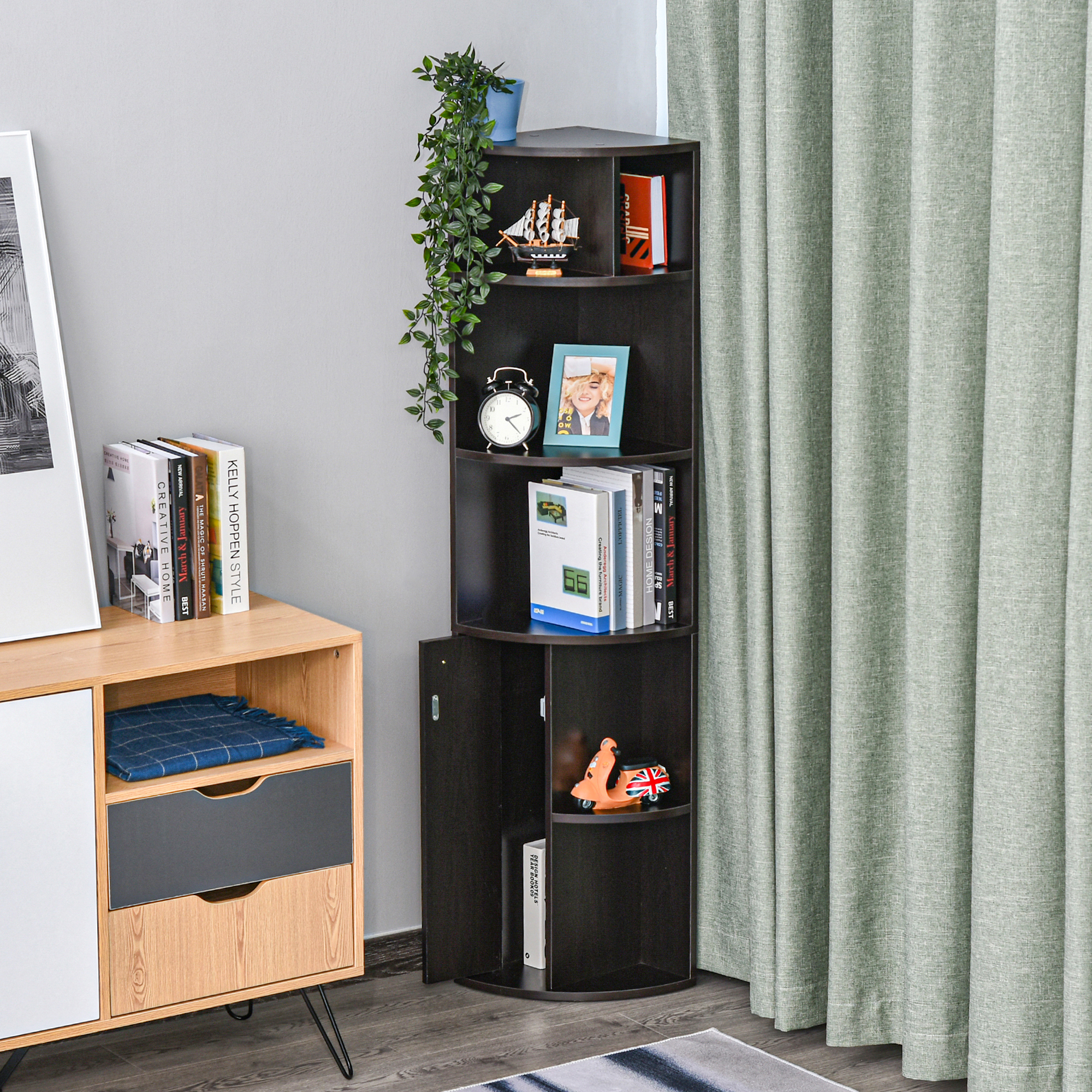 5-Tier Corner Bookcase, Storage Bookshelf, Freestanding Display Shelves with Open Compartments and Cabinet for Home Office, Living Room, Study, Black - Image 4