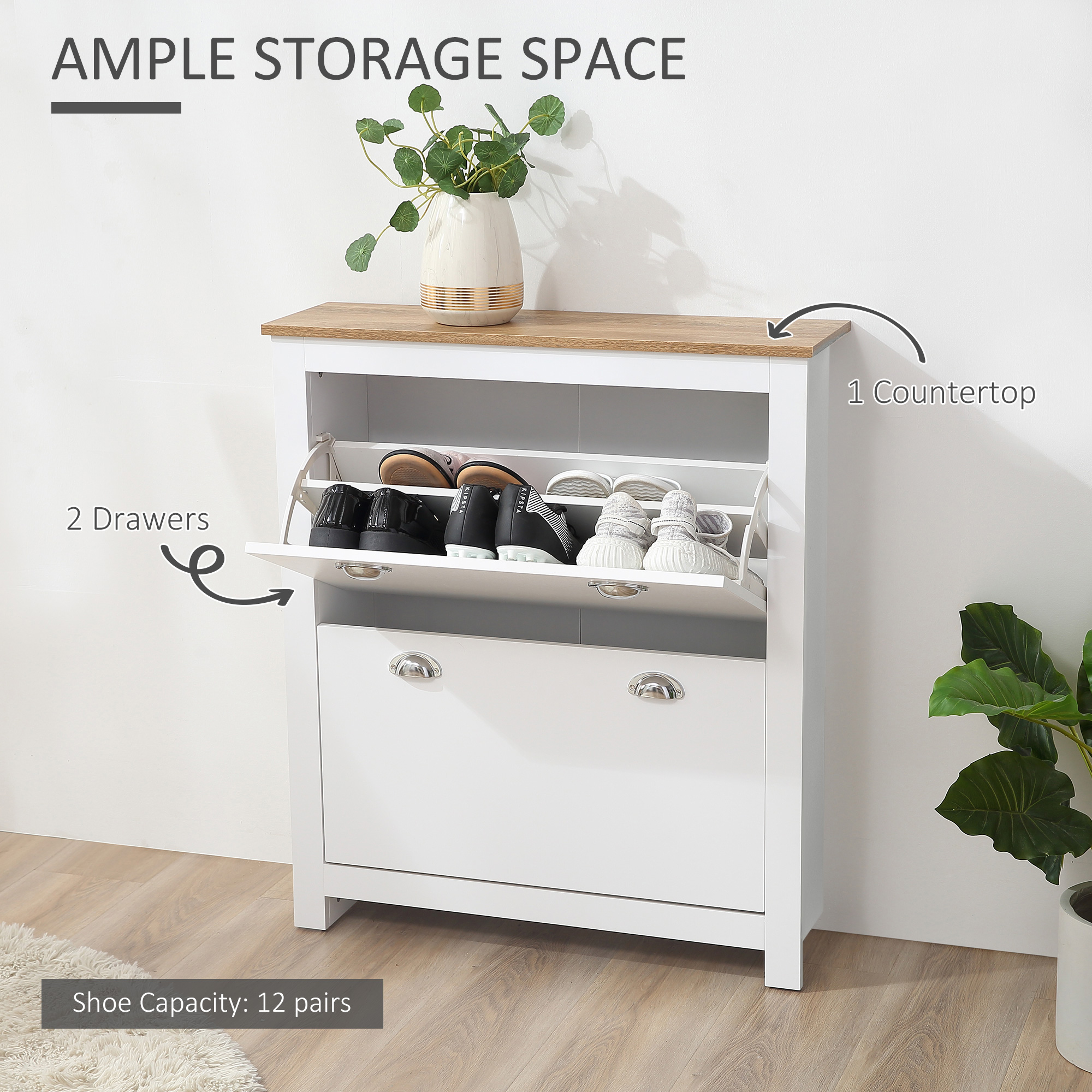 Modern Shoe Cabinet with 2 Flip Drawers and Adjustable Shelves, 12 Pair Shoe Storage Organizer for Hallway, White - Image 2