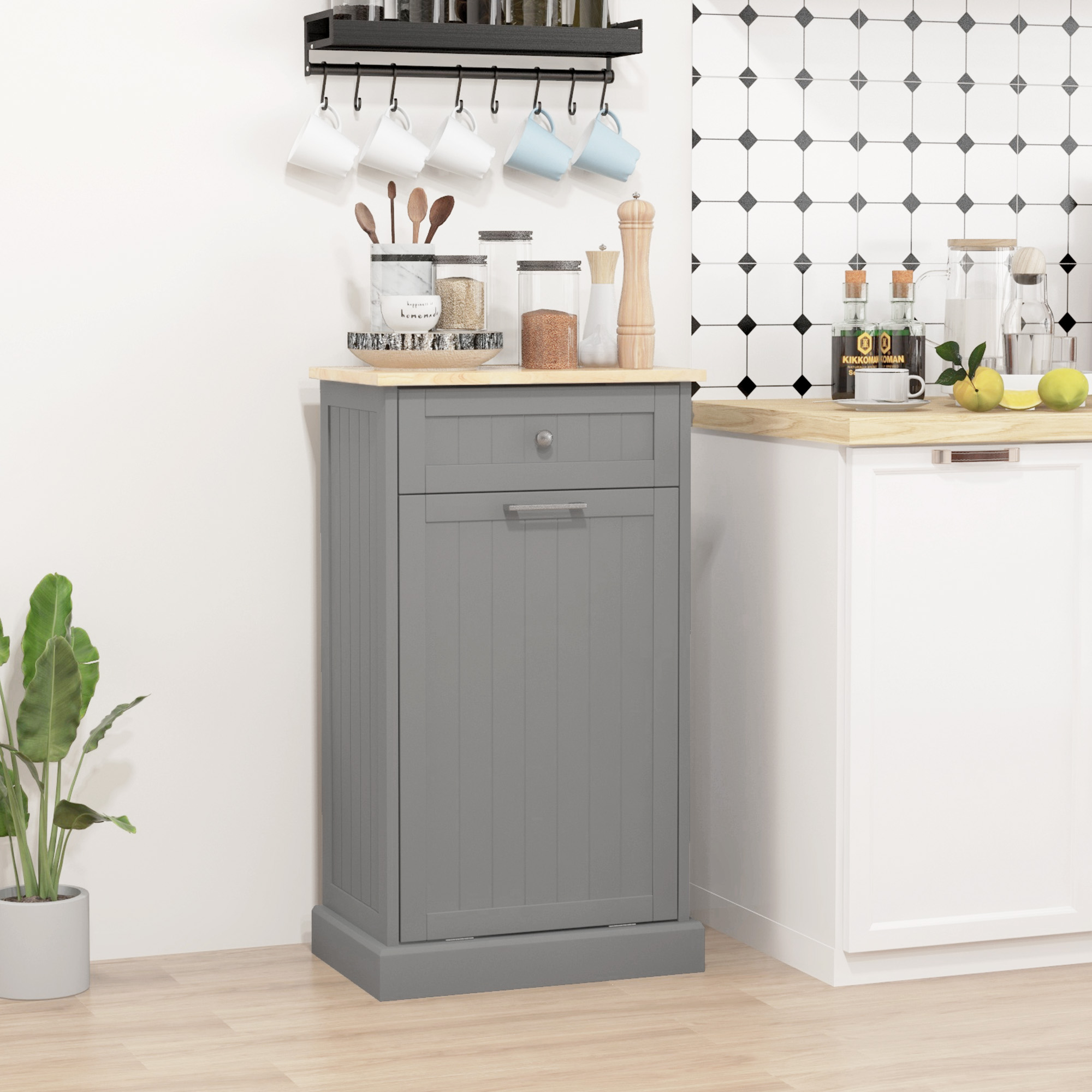 Kitchen Tilt Out Trash Bin Cabinet, Free Standing Recycling Cabinet, Trash Can Holder with Drawer, Grey - Image 6