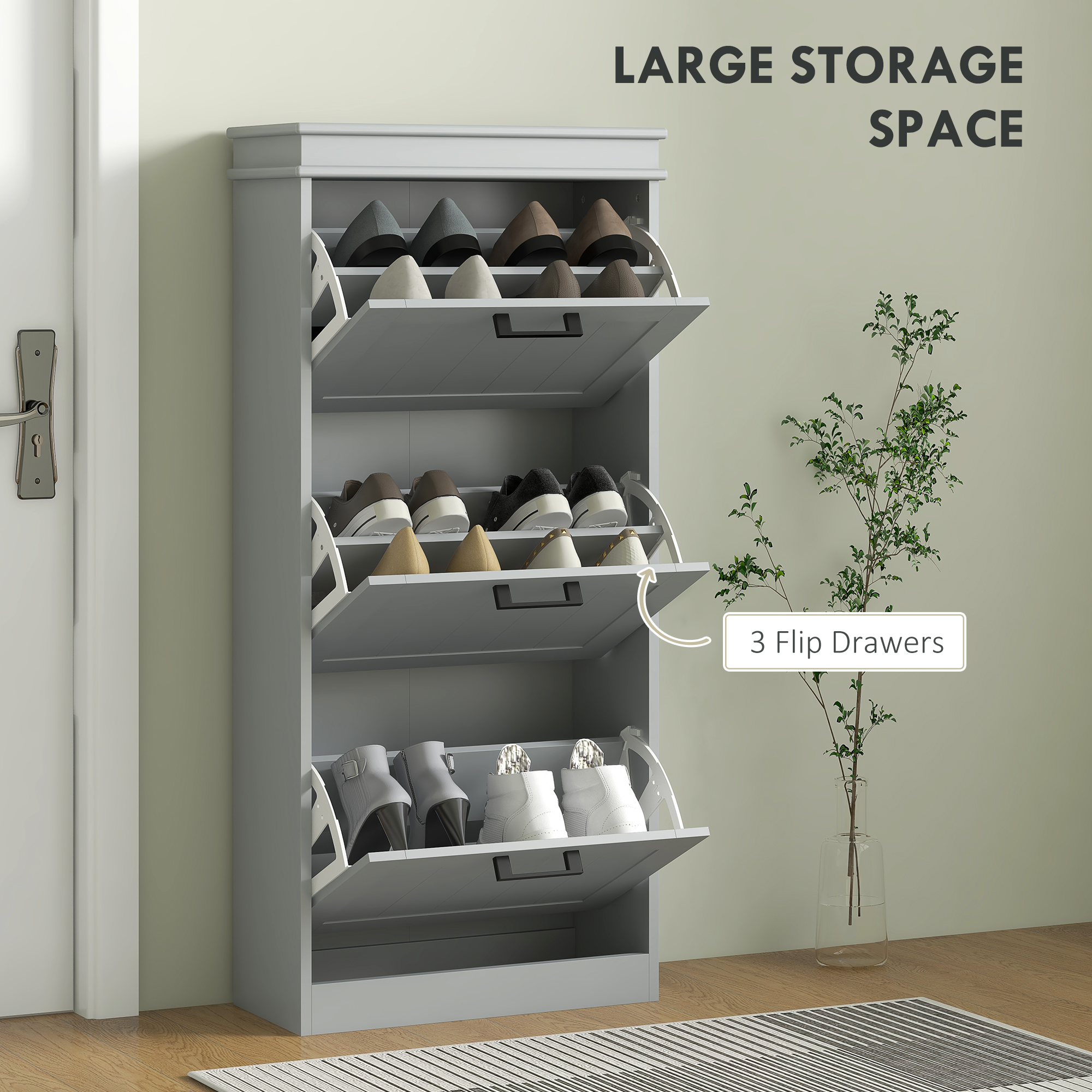 Slim Shoe Cabinet with 3 Flip Drawers and Adjustable Shelves, Narrow Shoe Cabinet for 15 Pairs of Shoes, Grey - Image 2