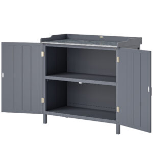 Garden Storage Cabinet, Outdoor Potting Bench Table with Galvanized Top and Shelf, Tool Shed with Double Doors, Grey