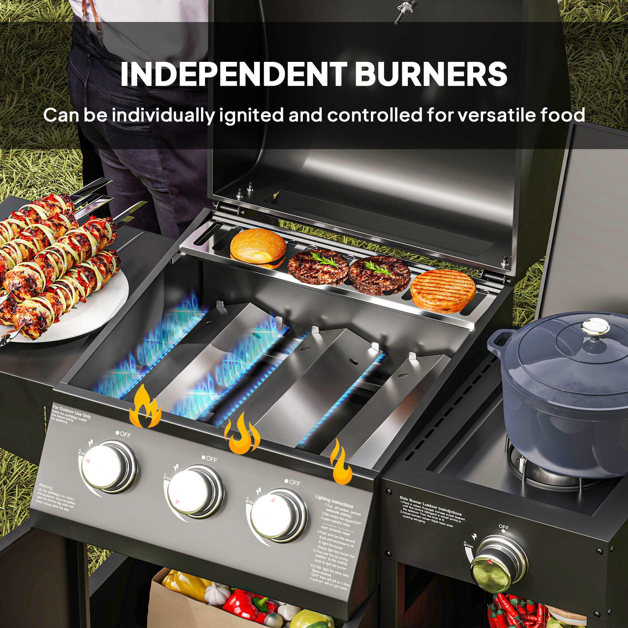 3 Burner Gas Grill with Side Burner, 9.5 KW Propane BBQ Grill, Cabinet Style with Shelves, Wheels, Instant Ignition - Image 4