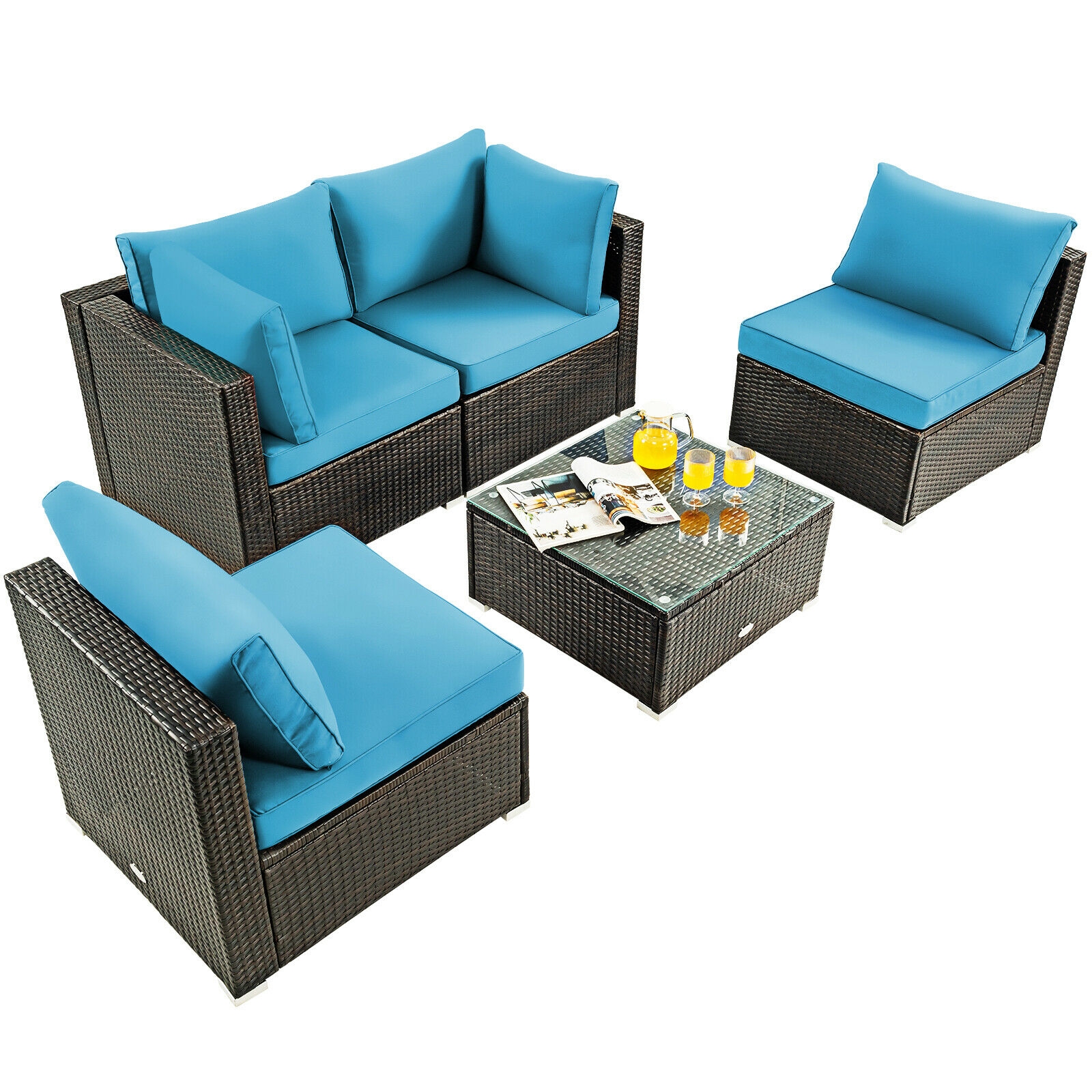 5 Pieces Cushioned Patio Rattan Furniture Set with Glass Table-Turquoise - Image 7