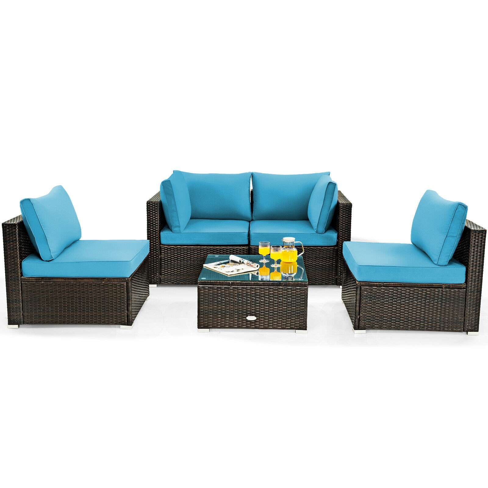 5 Pieces Cushioned Patio Rattan Furniture Set with Glass Table-Turquoise - Image 2