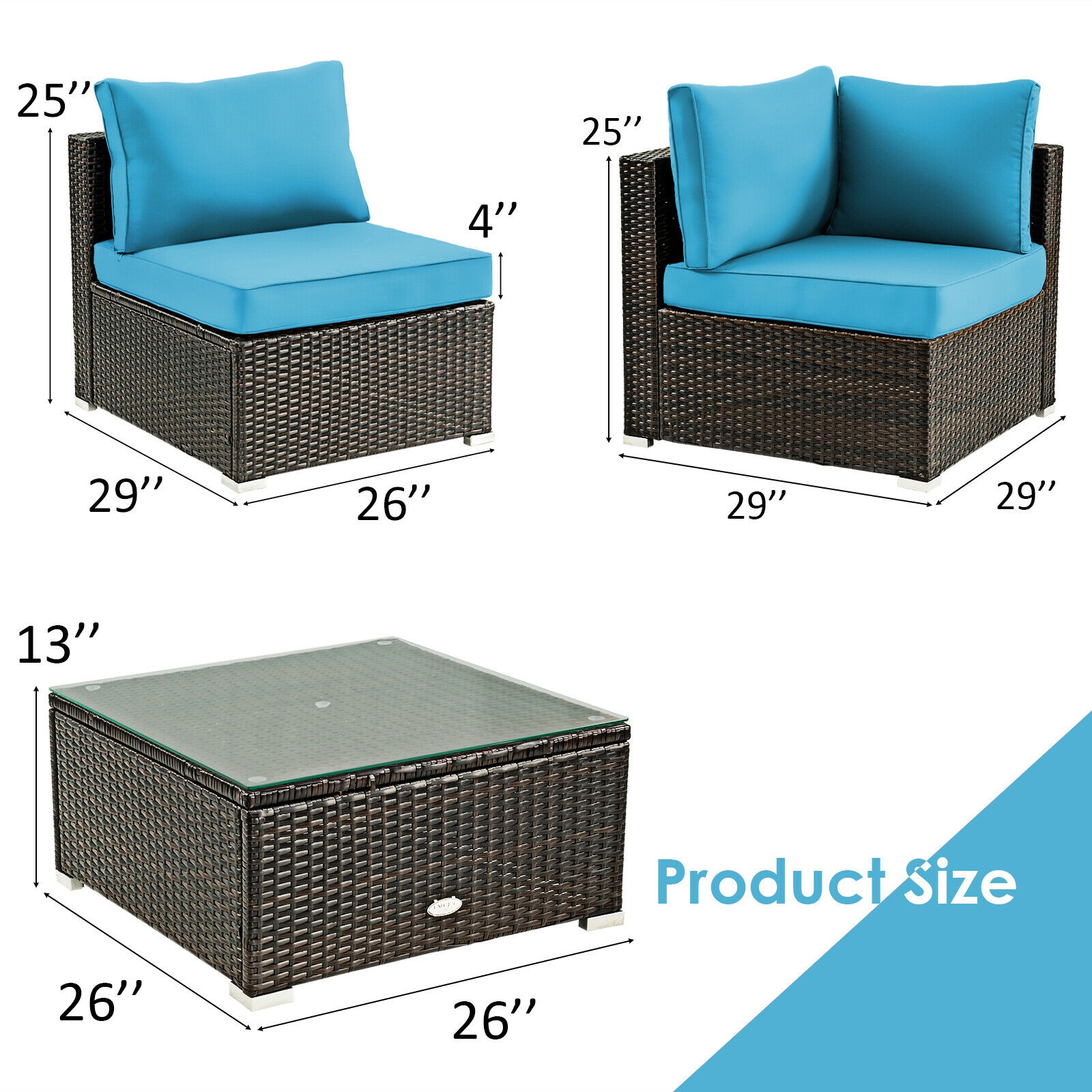 5 Pieces Cushioned Patio Rattan Furniture Set with Glass Table-Turquoise - Image 3