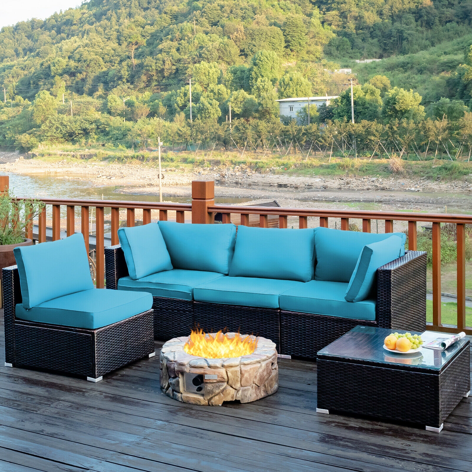 5 Pieces Cushioned Patio Rattan Furniture Set with Glass Table-Turquoise - Image 5